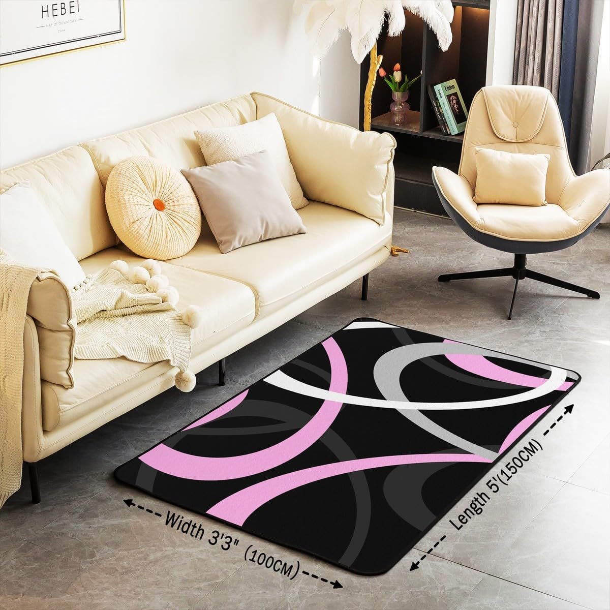 Feelyou Pink White Black Geometric Area Rug 5x7 Retro Circle Swirls Living Room Rugs Boys Girls Circle Stripes Geometric Decorative Carpet Geometric Abstract Art Indoor Floor Mat
