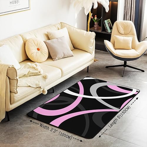 Miniatura 3 de Feelyou Alfombra geométrica de color rosa, blanco y negro, 5 x 7 pulgadas, retro, círculos, remolinos, para sala de estar, para niños y niñas,