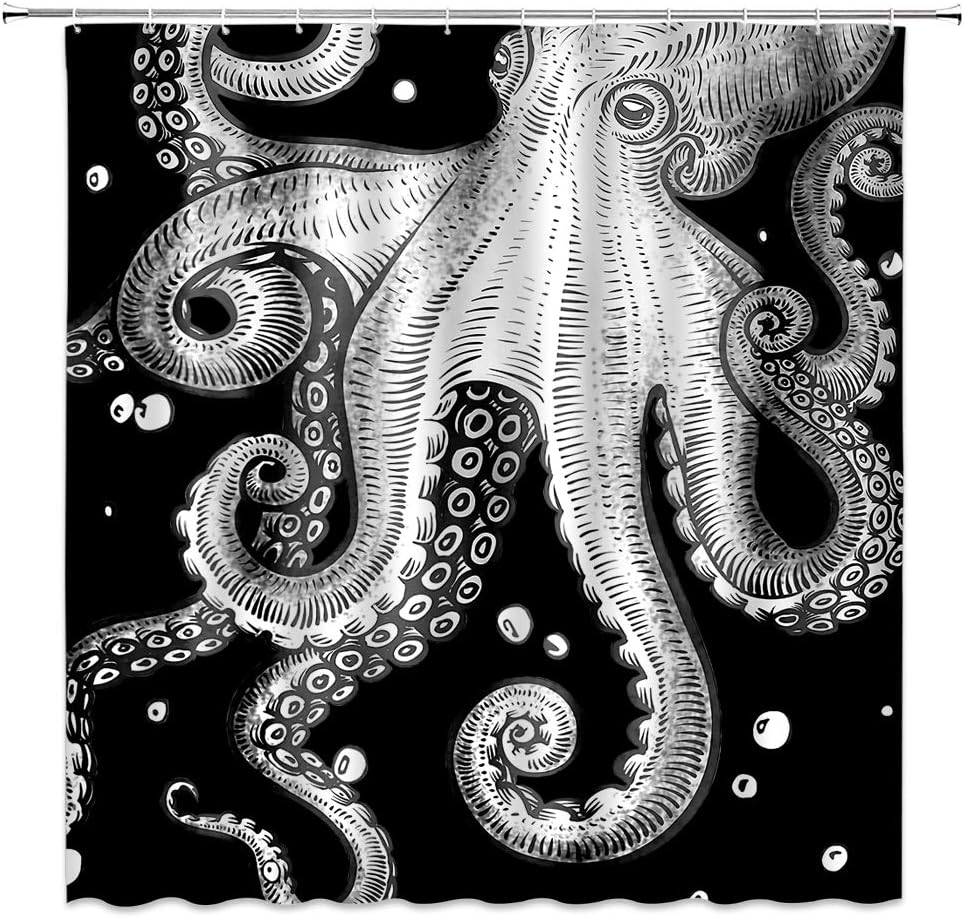 Gray Octopus Shower Curtain Ocean Kraken Sea Animal Octopus Tentacles Marine Life Nautical Cool 180" Wx70 H Bathroom Decor Curtain with Hooks