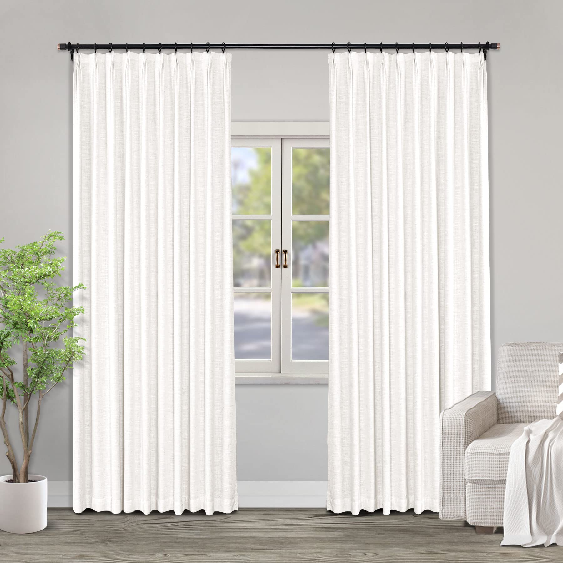 Cortinas plisadas de lino blanco beige con forro opaco, cortinas con aislamiento térmico para ventana de dormitorio, privacidad, 34 pulgadas de ancho x 102 pulgadas de largo (1 panel)