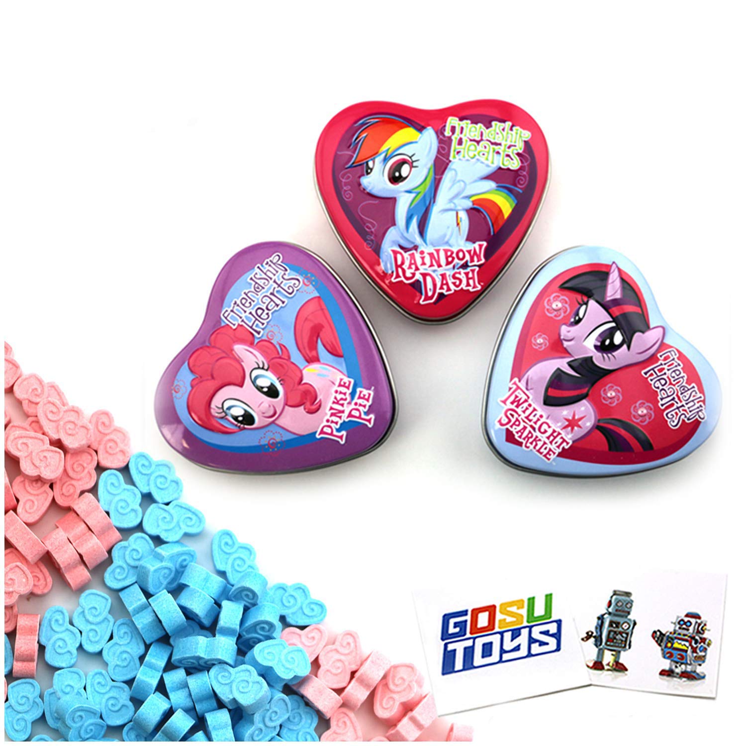 My Little Pony Friendship Hearts Tin Candy (3 Pack) Berry Flavor Gift Stuffer with 2 GosuToys Stickers
