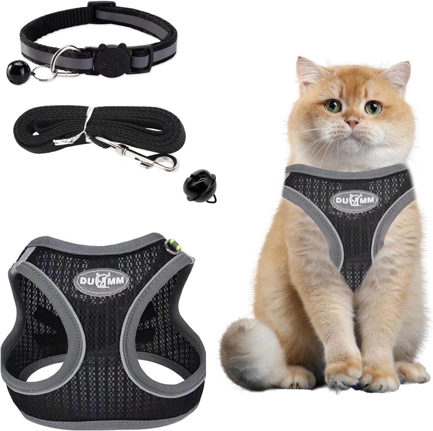 Cat Harness and Lead Set,Reflective Soft Mesh Puppy Harness,Breathable Adjustable Cat Lead and Harness Set,with Leash Cat Collar for Outdoor Walking Escape Proof, Comfort Fit,Easy Control (Black,S)