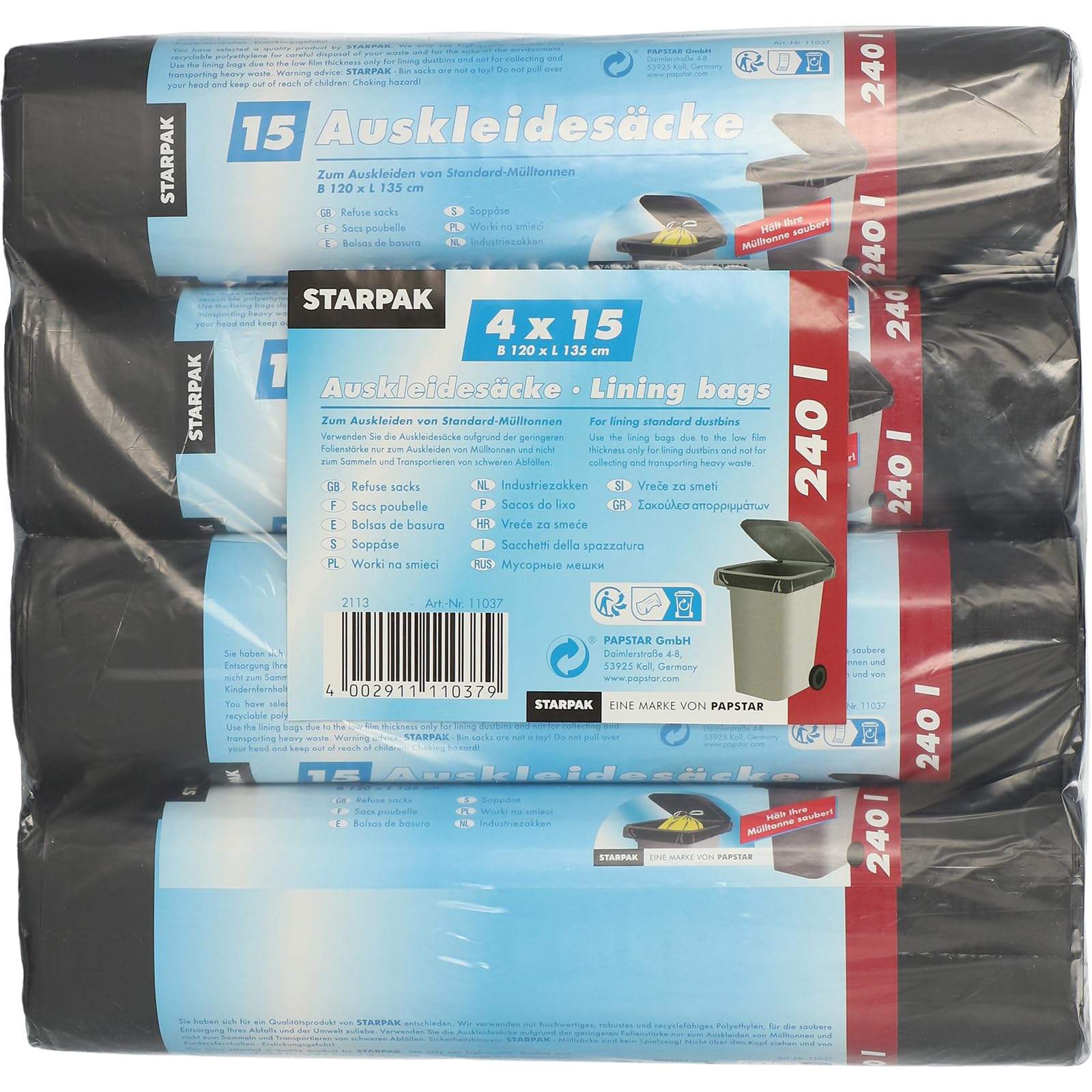 PAPSTAR 60 Sacchi per bidoni della spazzatura, 240 l, 135 cm x 120 cm, nero, riceverete 60 pezzi
