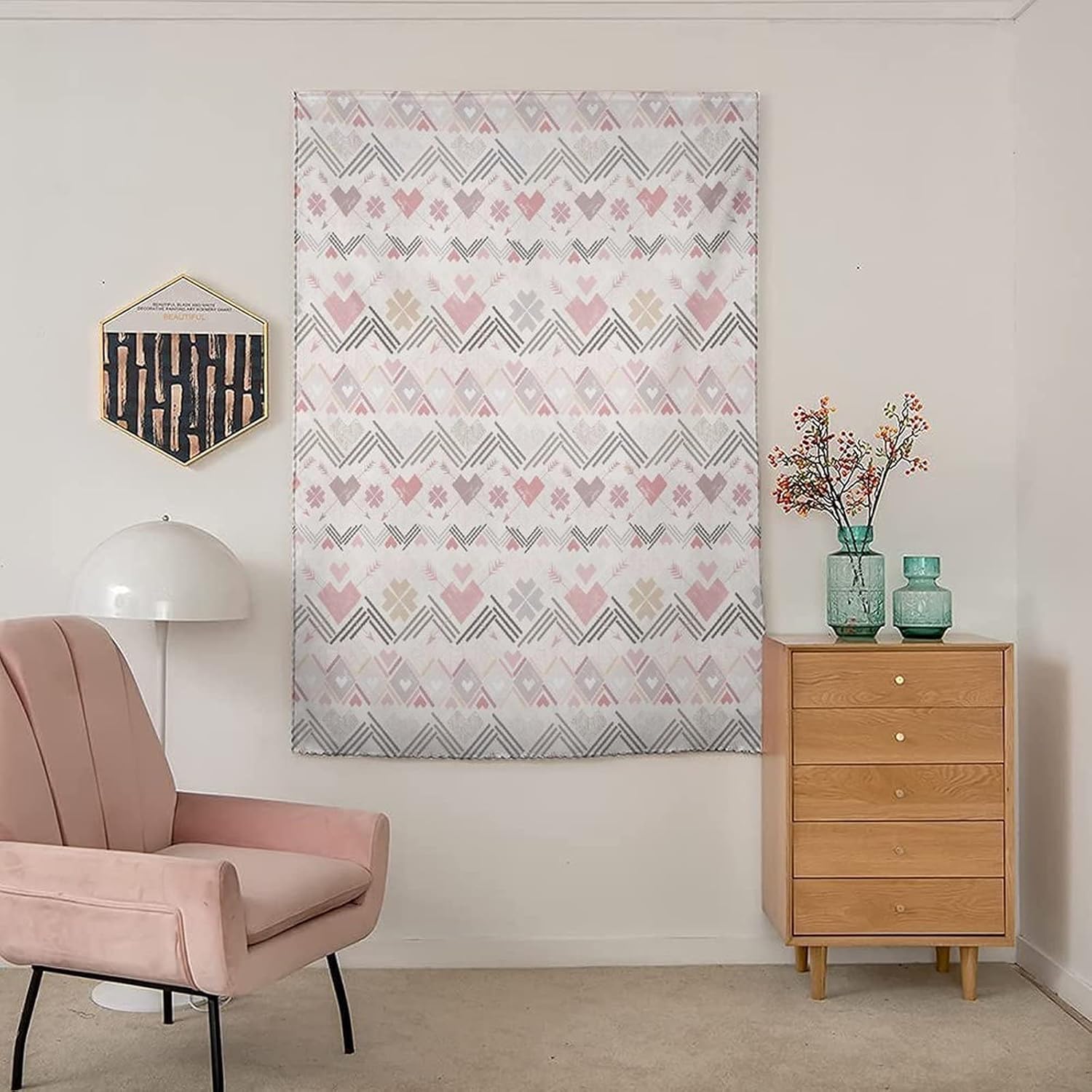 Self Adhesive Portable Blackout Curtains, Pastel Room Darkening Curtains, Tribal American Aztec Style Hearts Geometric Vintage Print Temporary Blackout Blinds,59W x72L Inches,for Children Kids Bedroom