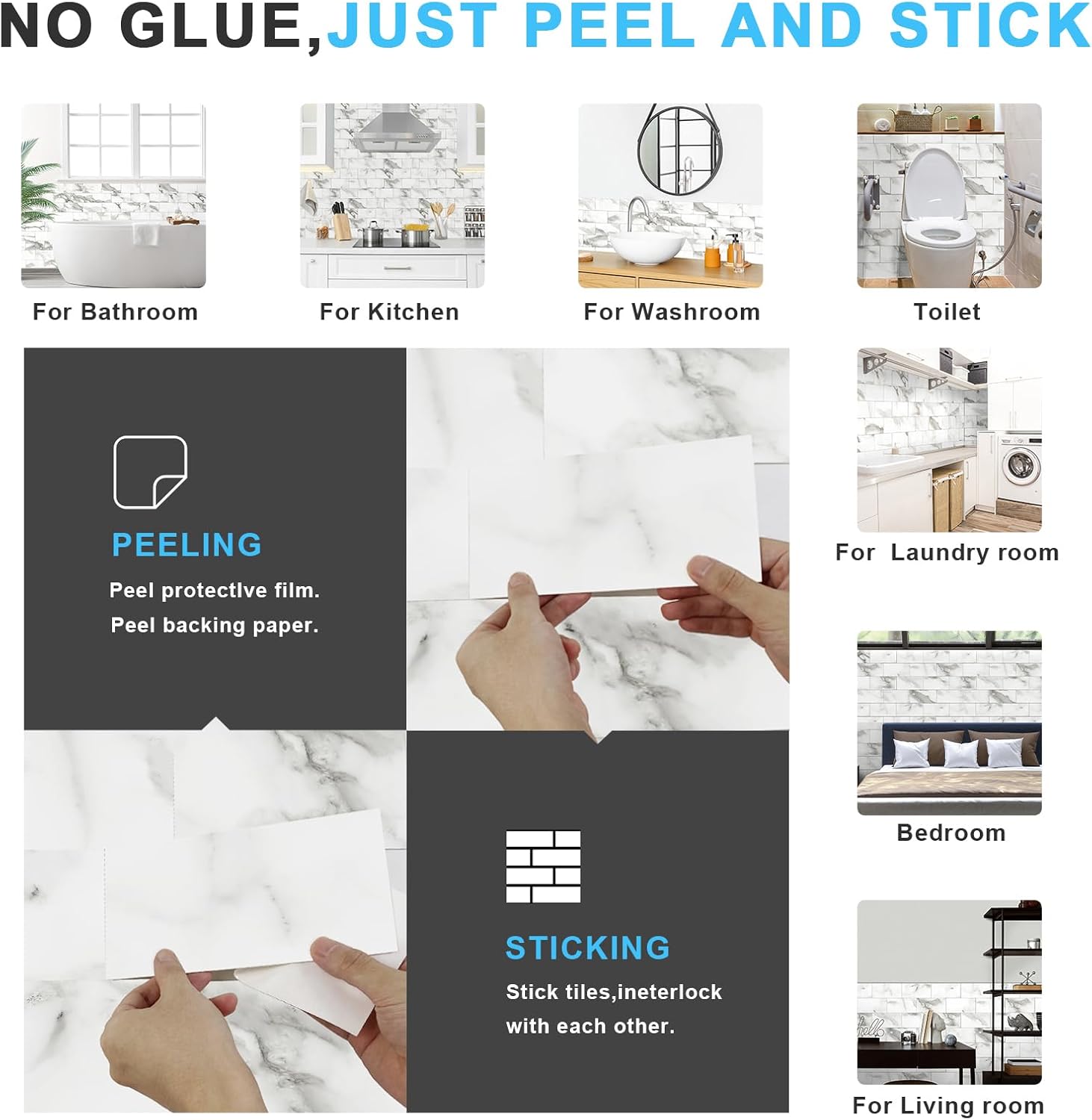 URCOLOR 32-Piece Peel and Stick Backsplash Wall Tile, 4"x 8" PVC Glossy White Gray Marble Stick on Subway Tiles for Kitchen, Bathroom, Laundry Room, Camper, Fireplace