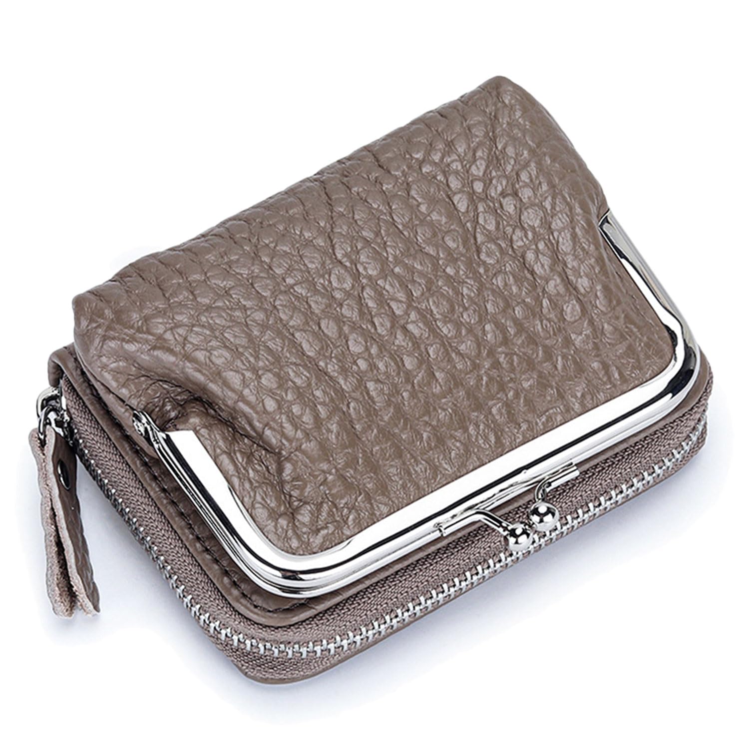 Karoukee Small Genuine Leather Wallet for Women Separable Kiss-Lock Coin Purse Zip-Around RFID-Blocking Credit Card Holder