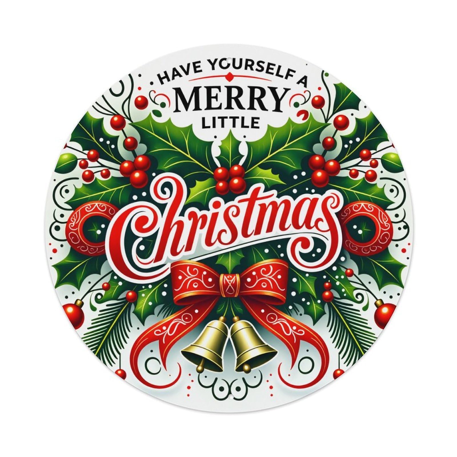 Christmas Holly Bells Bow Pattern Round Tin Sign Vintage Metal Poster Retro Bar, Home, Man Cave, Kitchen, Laundry Room Wall Art Decor Gift 8x8Inch