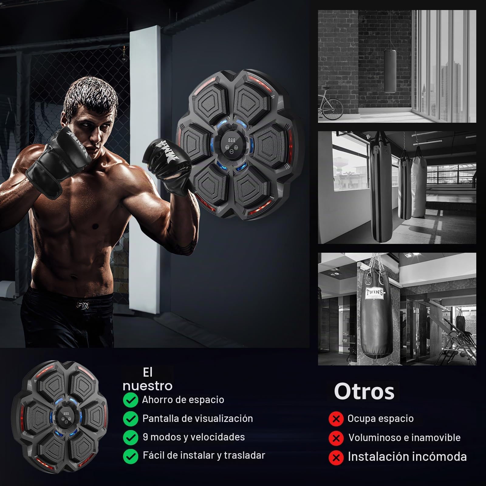 FOOING Máquina de Boxeo Musical Inteligente con Bluetooth, Luces LED y Niveles de Velocidad para Adultos y Niños, Equipo de Entrenamiento para Aliviar el Estrés con Guantes de Boxeo y Práctica Casa