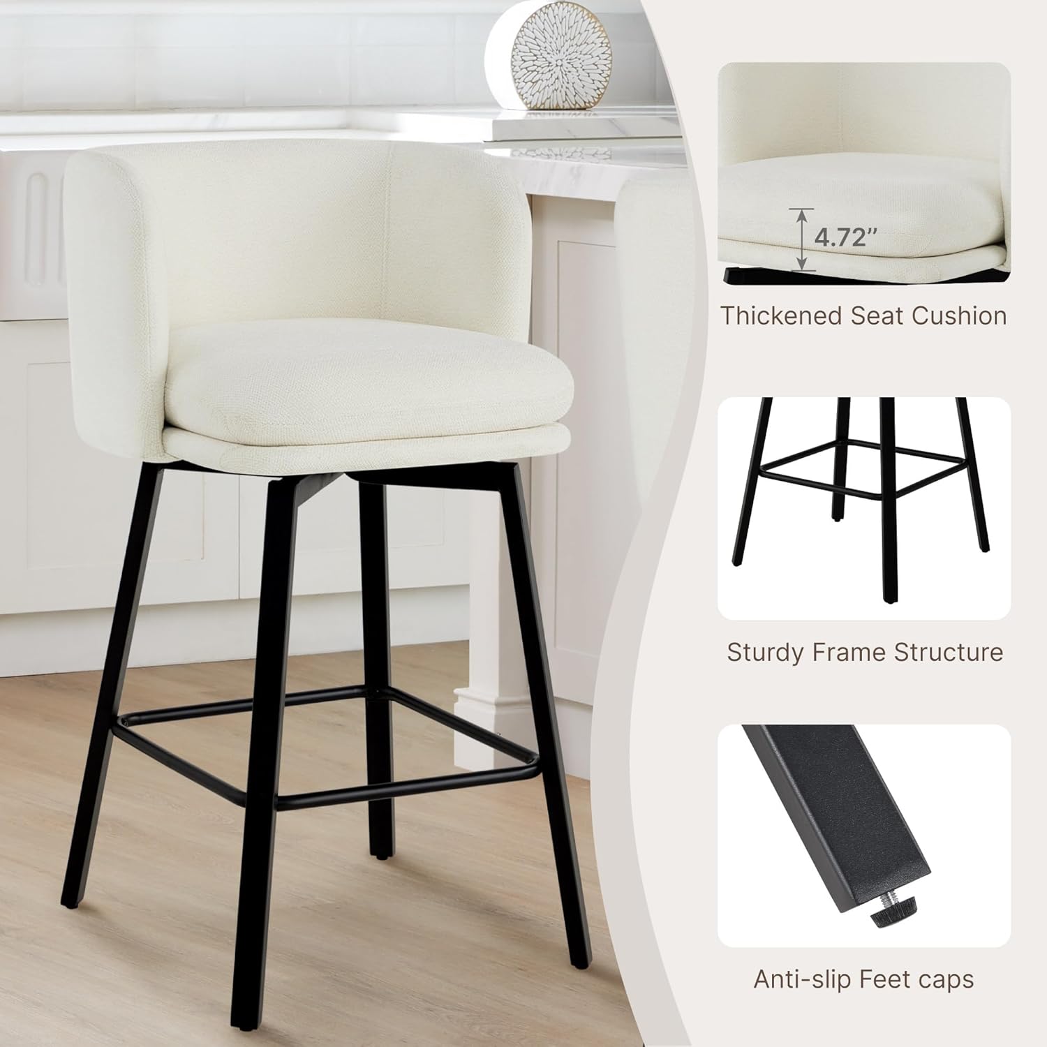 26" H Counter Height Swivel Bar Stools Set of 4, Barrel Counter Stools with Backrest, Linen Fabric Upholstered Barstools with Metal Legs for Kitchen Island,Beige