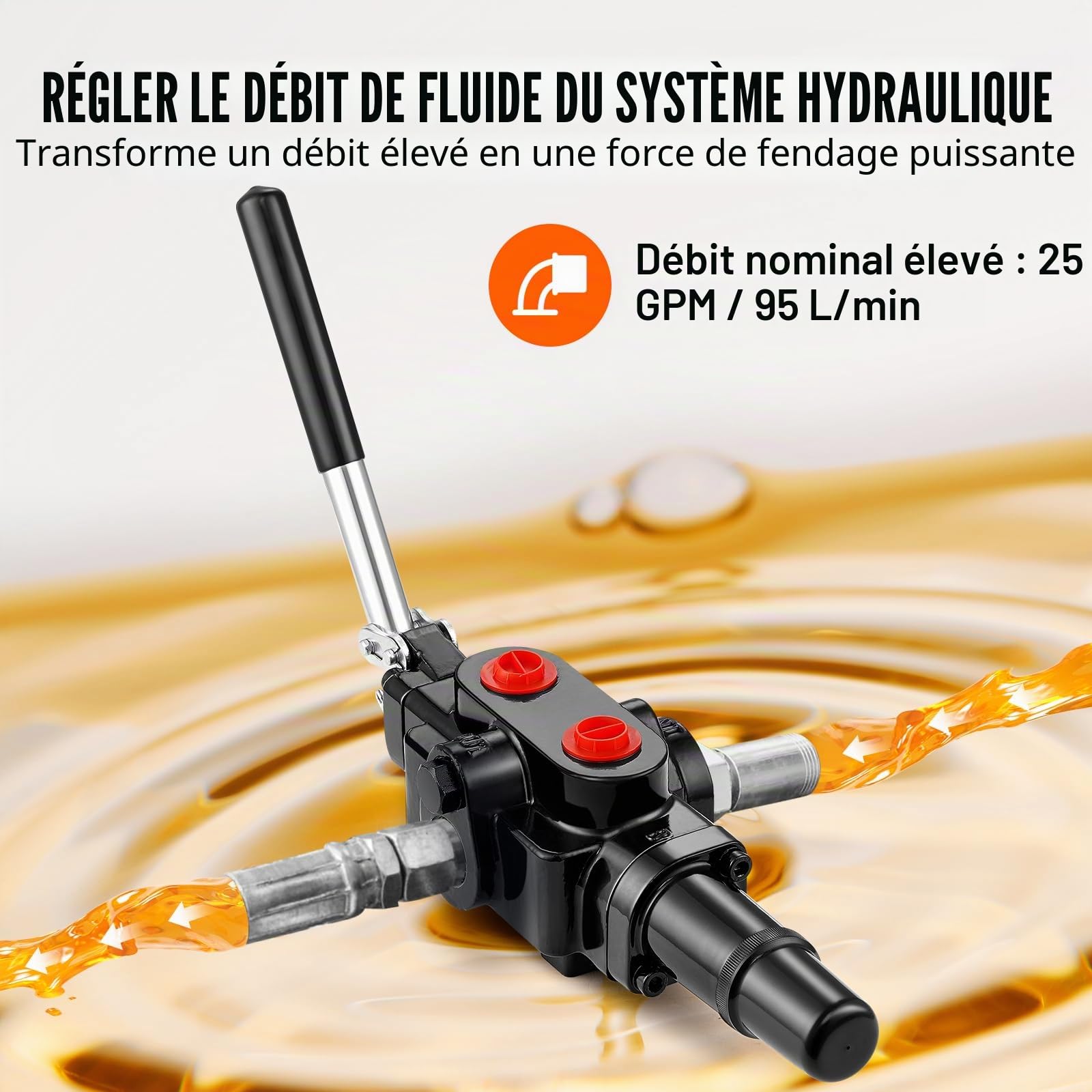 VEVOR Valve de Fendeuse de Bûches Hydraulique 1 Bobine, Vanne de Commande Directionnelle Hydraulique Débit de 95 L/min, Valve de Chargeuse Hydraulique 3626 PSI, pour Petits Tracteurs, Chargeuses