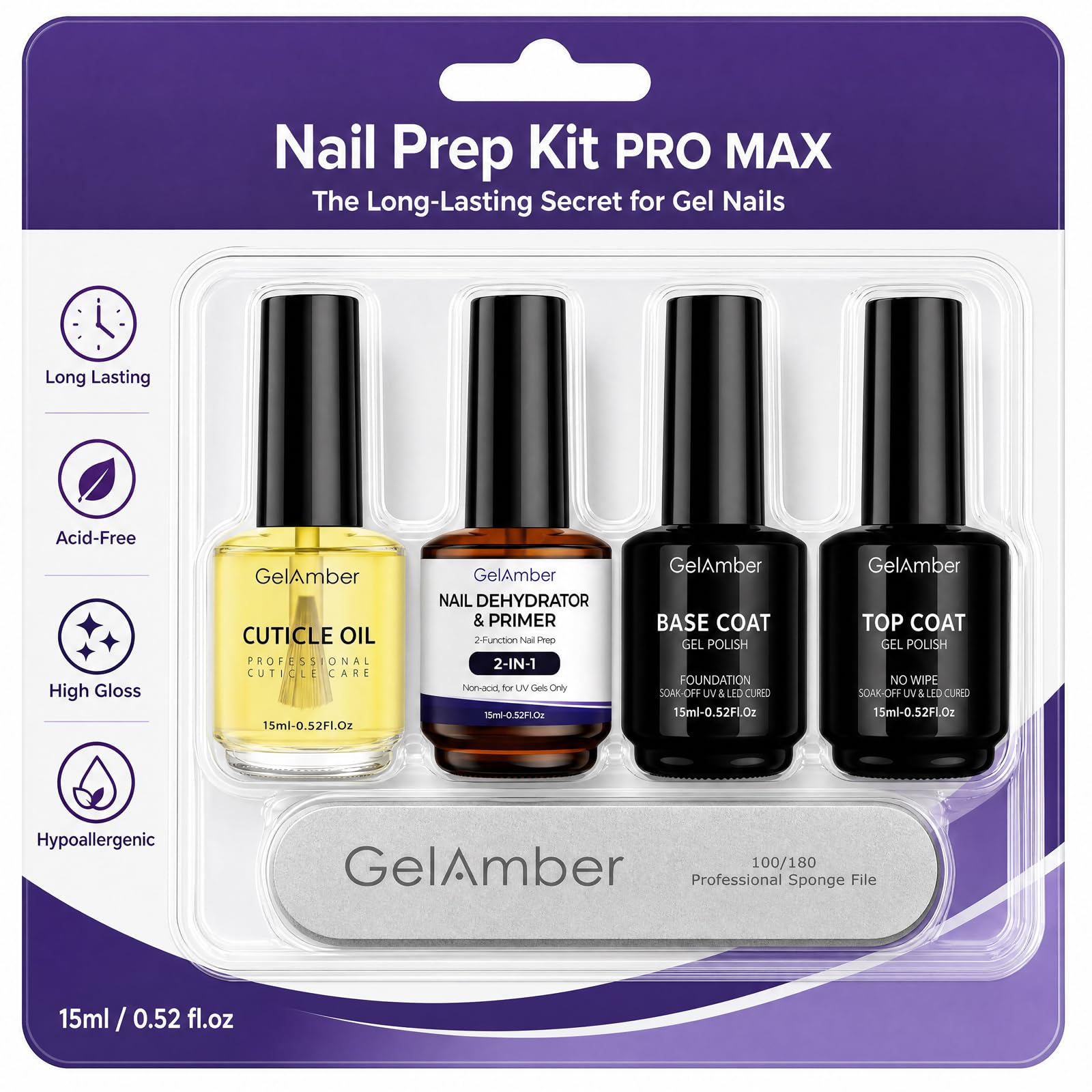 GELAMBER Gel Base and Top Coat+Nail Primer & Dehydrator 2-in-1+Cuticle Oil Nail Prep Kit Pro Ma