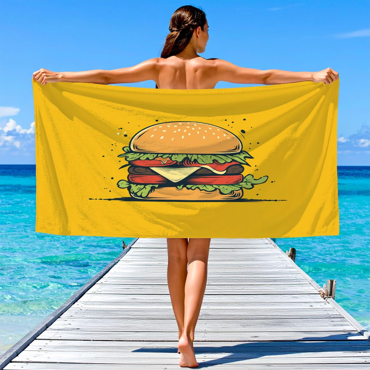 Générique Grande Serviette de Plage 180 x 100 CM,Drap de Plage Microfibre,Couverture de Plage Absorbante Rapide pour Amusant, Flat-Lay, Nourriture Cheeseburgers