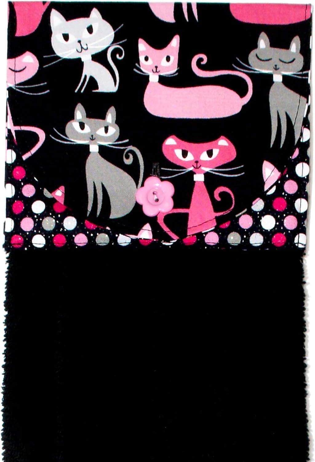 Hanging Bathroom Hand Towel - Retro Pink Cats On Black - Glitter Polka Dots - Black Plush Towel - Handmade