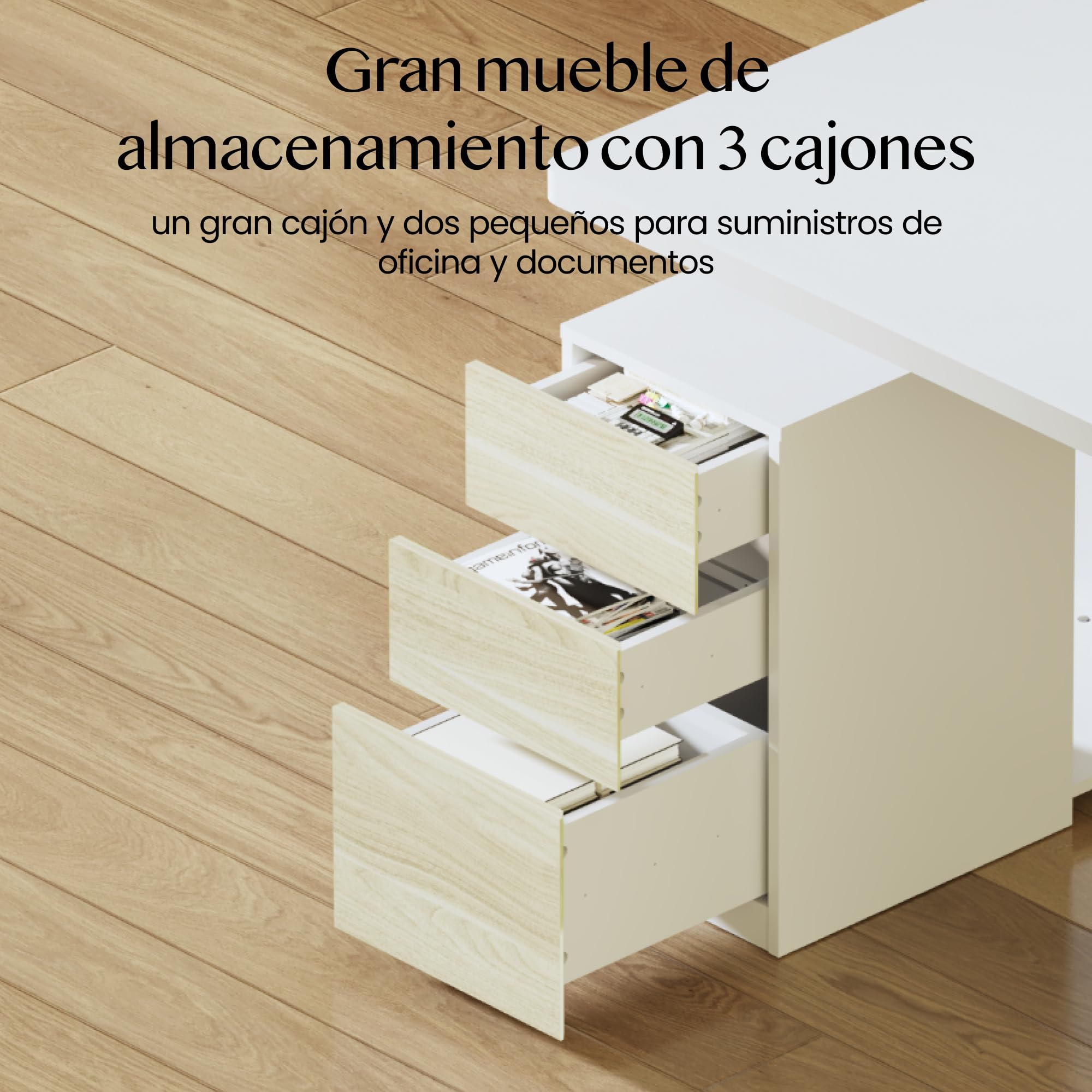 FLEXISPOT Escritorio Elevable Eléctrico 160x80cm con Cajón Lateral Modular, Compartimentos, Cajones y Soporte Fijo para PC, Altura Regulable, Estilo Ejecutivo para Oficina y Estudio Profesional Blanco