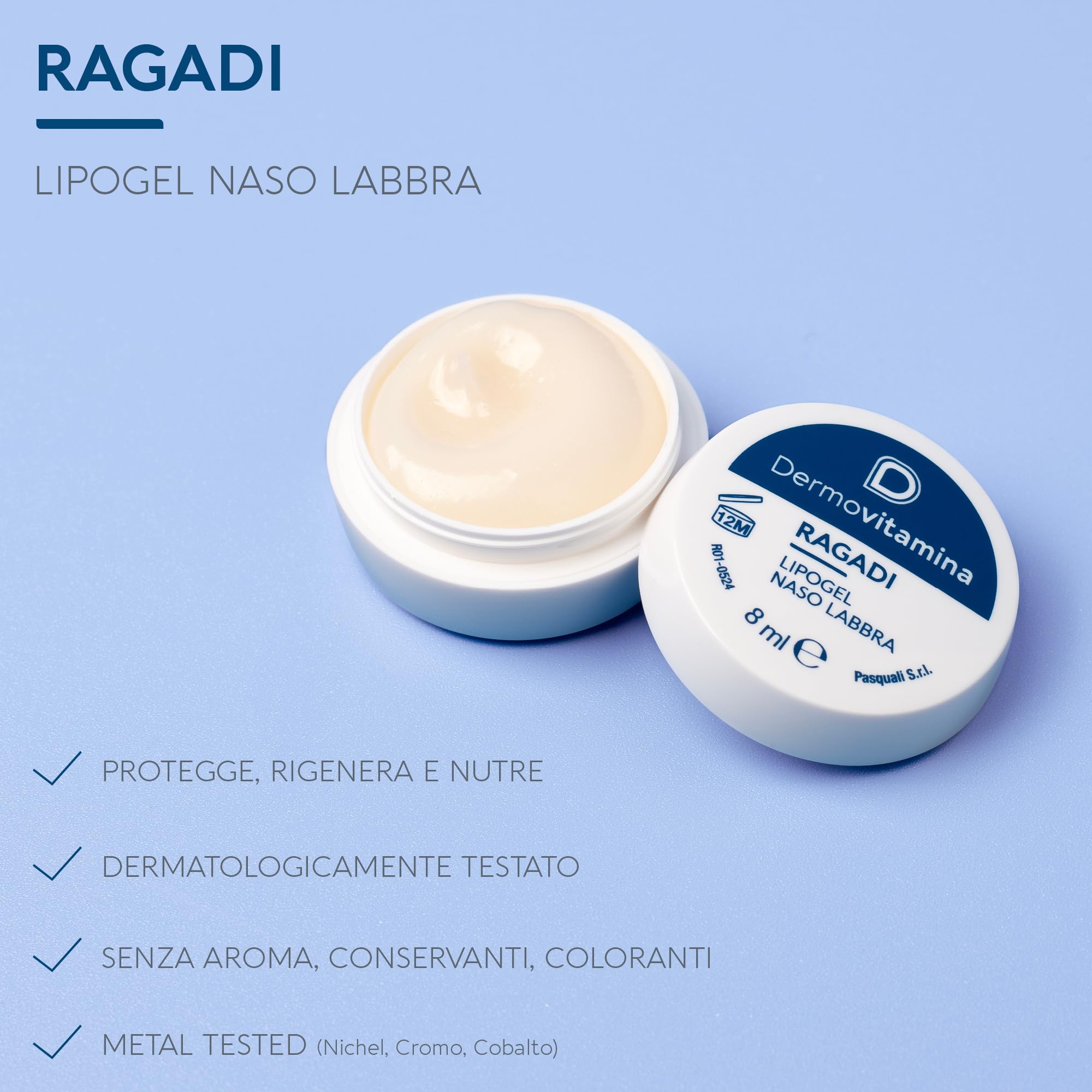 Dermovitamina Ragadi Naso Labbra - Lipogel per Naso e Lembi Screpolati - Balsamo Labbra Riparatore - Idrata e Nutre in Profondità - Formula Delicata Senza Aroma - 8 ml