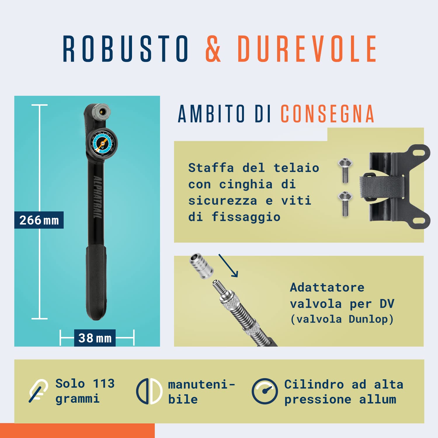 Alphatrail Minipompa Steve - Per tutte le valvole 8,3 Bar / 120 PSI pressione massima I manometro grande (Ø32mm) I t-maniglia ergonomica I pompa bicicletta per la valvola presta, schrader & dunlop