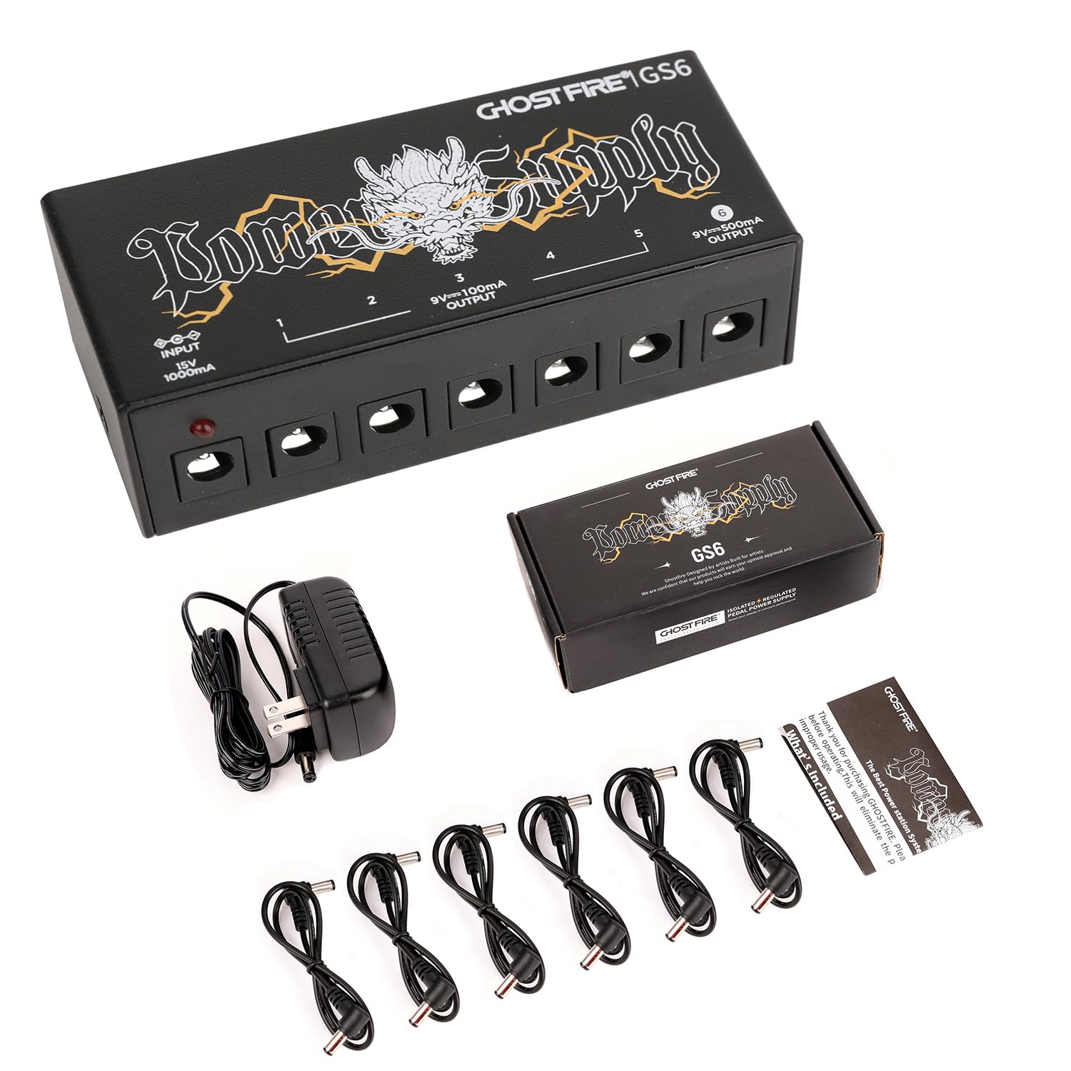 GHOSTFIRE GS6 Pedal 6-Output Guitar Pedal Power Supply 9V 100/500mA Effect Pedals Power Supply(GS10-SV2)