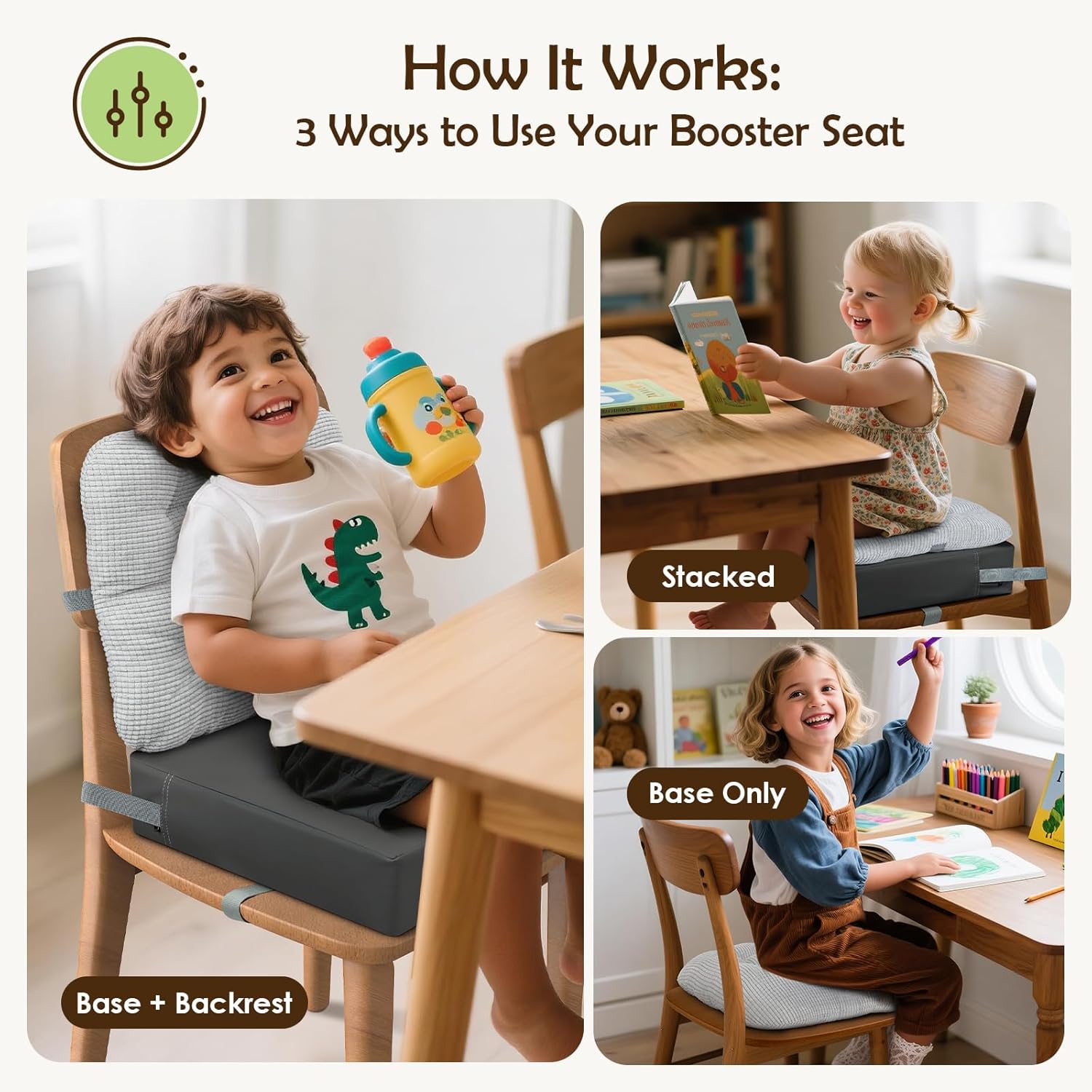 Booster Seat for Kitchen Chair Dining Table with Comfy Backrest Pillow and Adjustable Safety Buckles,Non-Slip Kid Toddler Booster Seat for Dining Table, PU Travel Baby Booster Cushion Chair