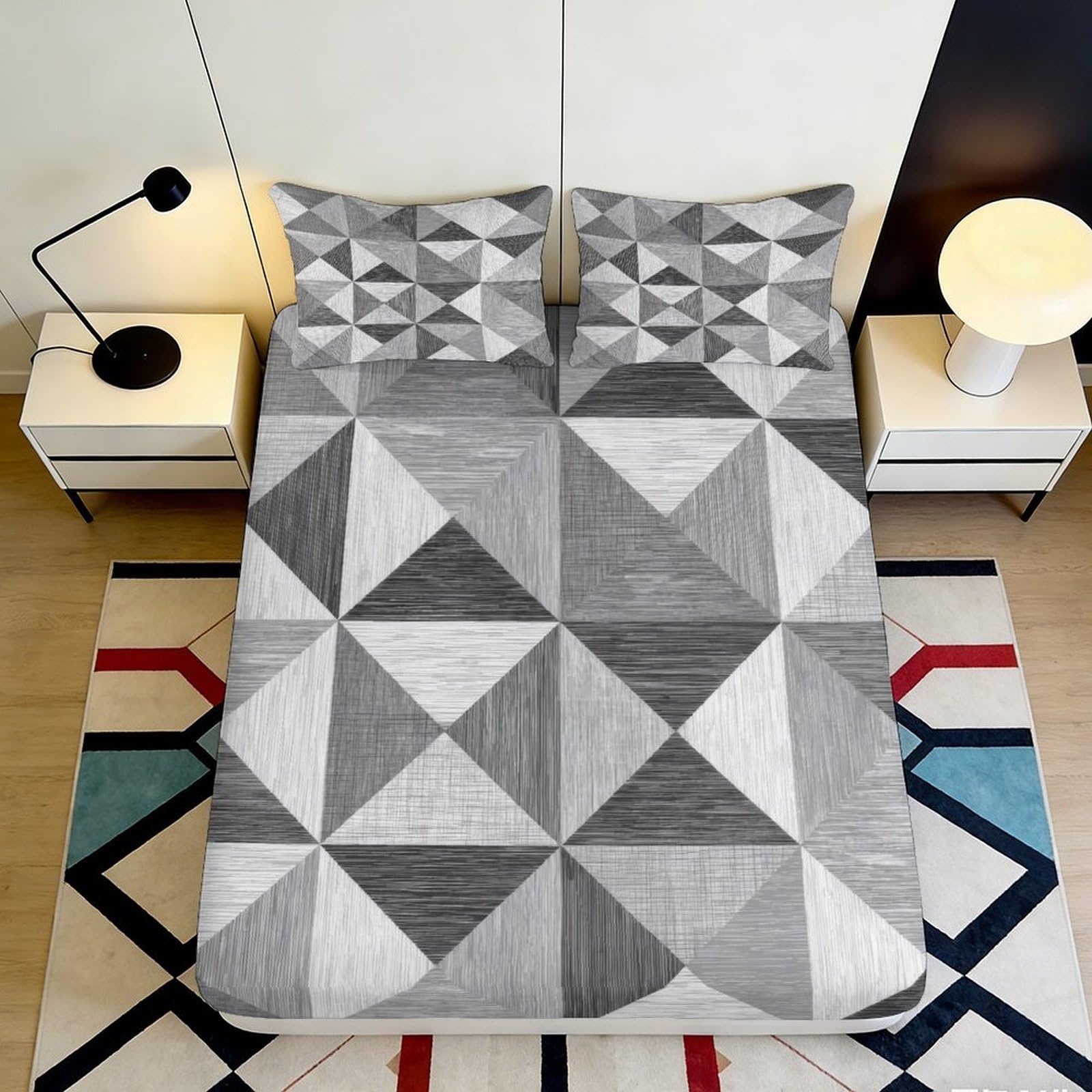 Pnayamiorkfel Style-7 3D Printed Geometric Grey Fitted Sheet Microfiber Soft Breathable Abstract Triangle Bed Cover For Bedroom Dorm Mattress Protection Decor 90X200x25cm