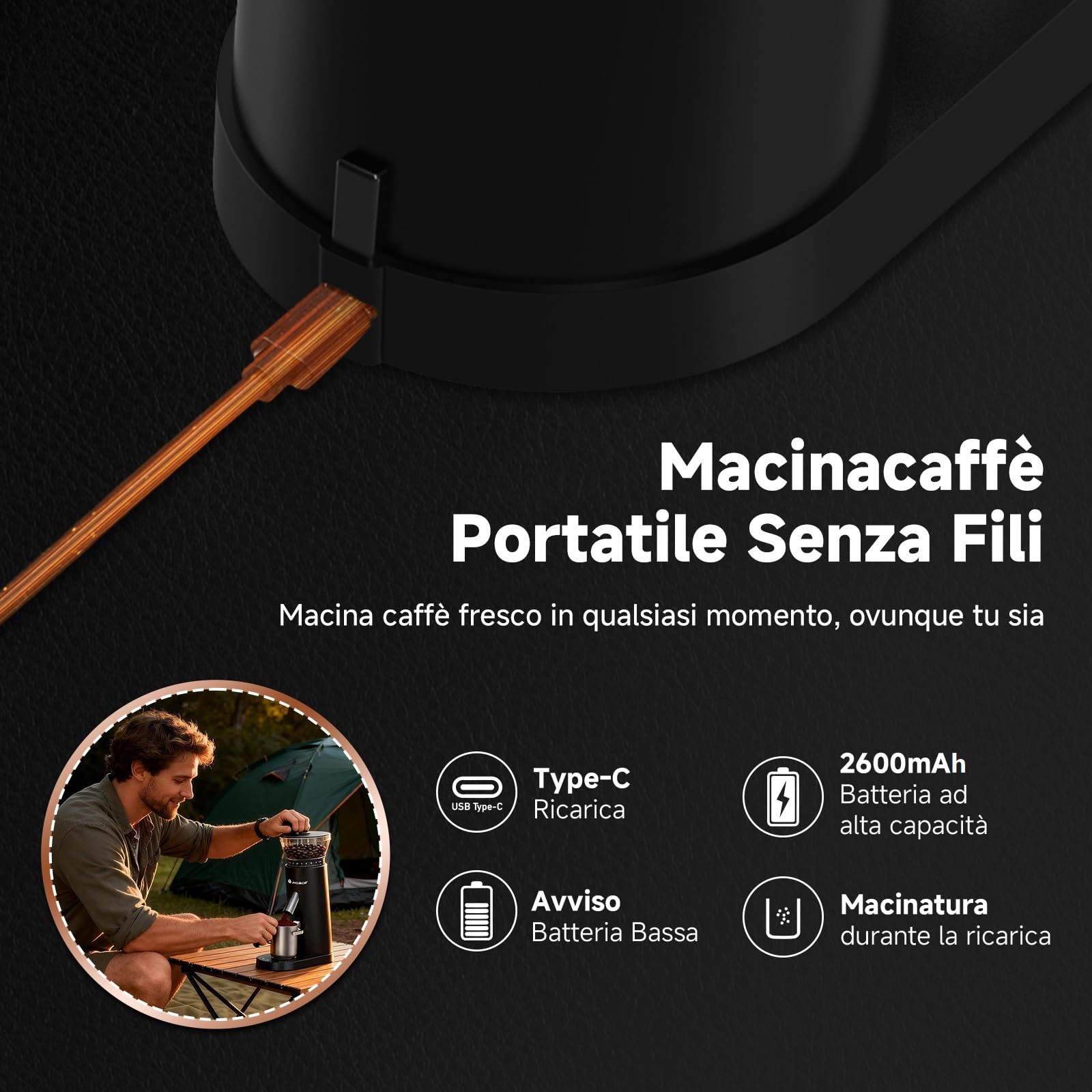 AAOBOSI Macina Caffe' Elettrico, Macina Caffè Professionale 110W, Batteria 2600mAh, Macinacaffè Portatile con 60 Livelli di Macinatura, Include Portafiltro per Macchine da Caffè Espresso