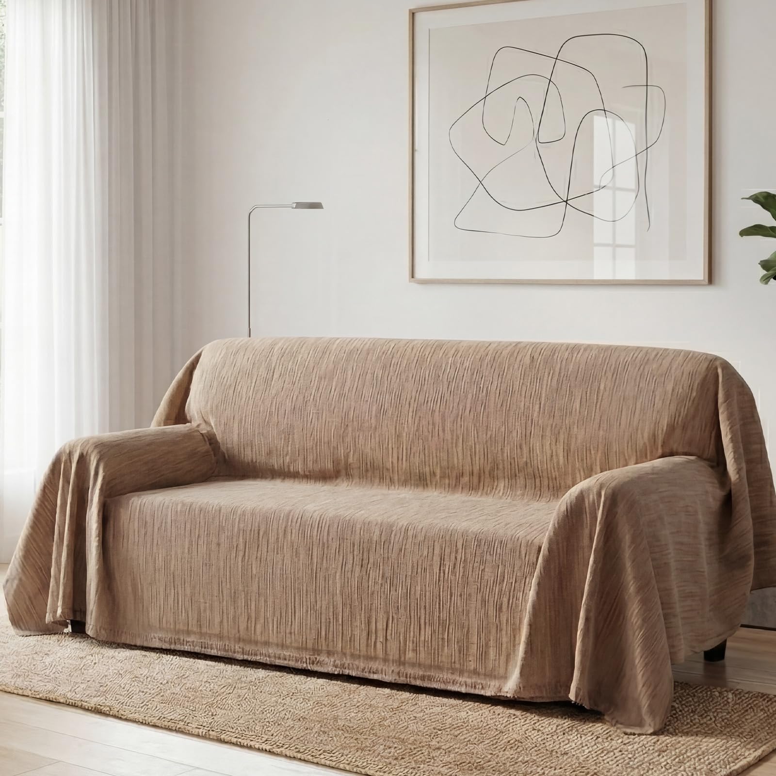 Bellahills Texture Light Camel Sofa Cover 3 Seater Chenille Sofa Covers 2 Seater Armchair Covers L Shape Sofa Slipcover Non-Slip Couch Covers With Tassel Sofa Protector For Sectional Sofa, 180X340cm,