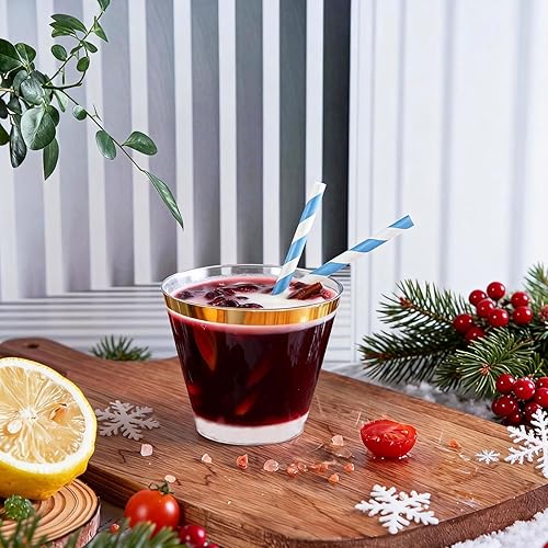 Miniatura 3 de Ciaell 200 vasos de plástico dorados  Vasos de plástico transparente desechables resistentes de 9 onzas con borde dorado para vino, cóctel, fiesta,