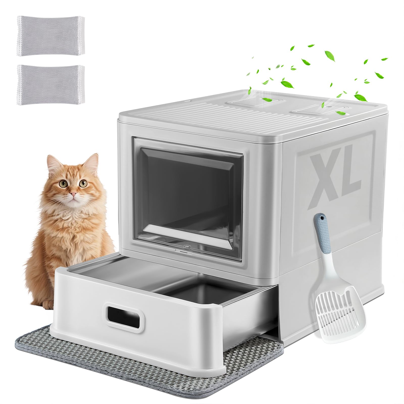Marchul XL Lettiera per gatti grande, in acciaio inox, con coperchio e cassetto, pareti laterali alte con deflettori antispruzzo, vassoio più profondo con paletta e tappetino, inodore