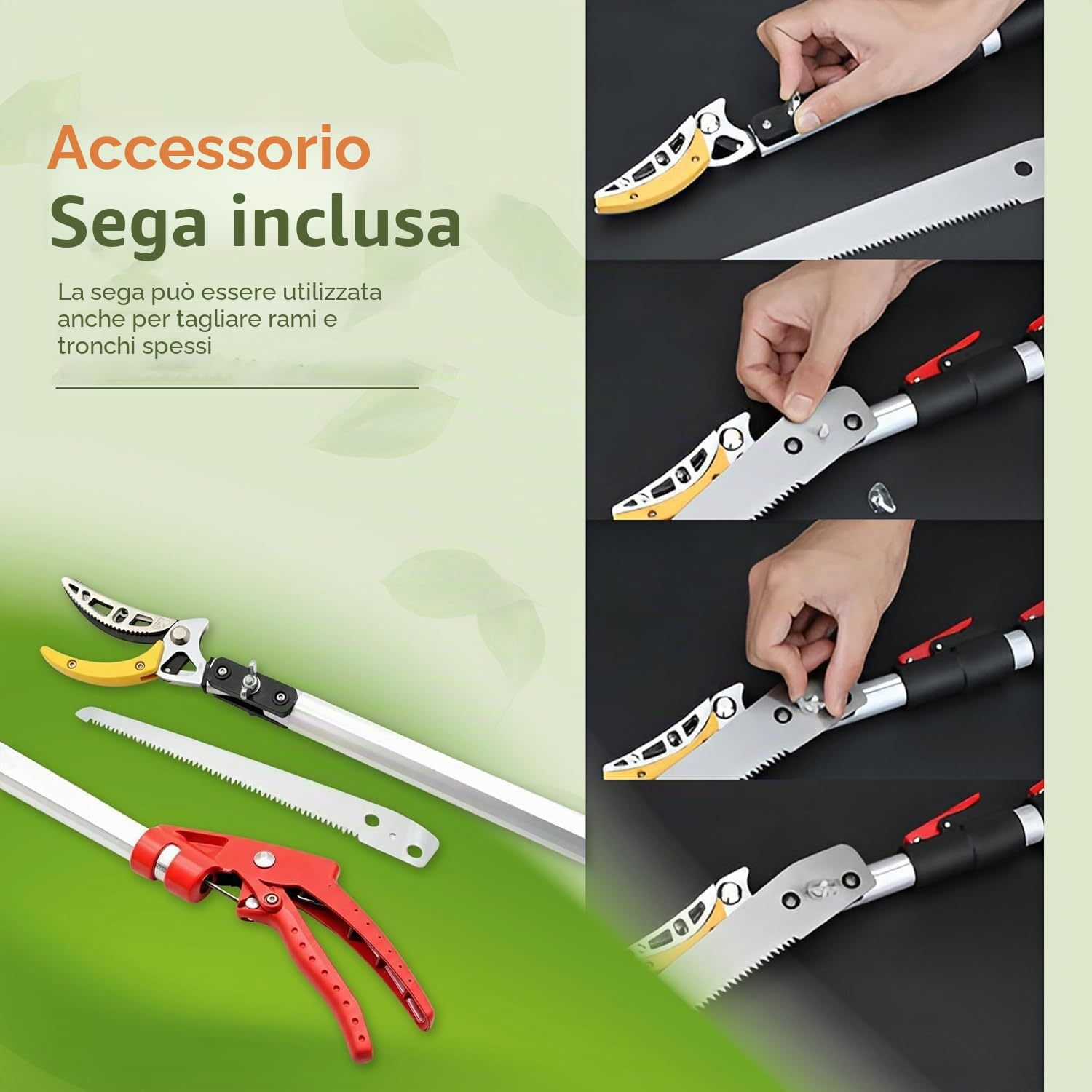 Cesoie telescopiche con sega, 140-300 cm, cesoie da potatura con manico telescopico, troncarami con meccanismo di trazione e lama per sega, cesoie da potatura per rami alti, alberi e arbusti