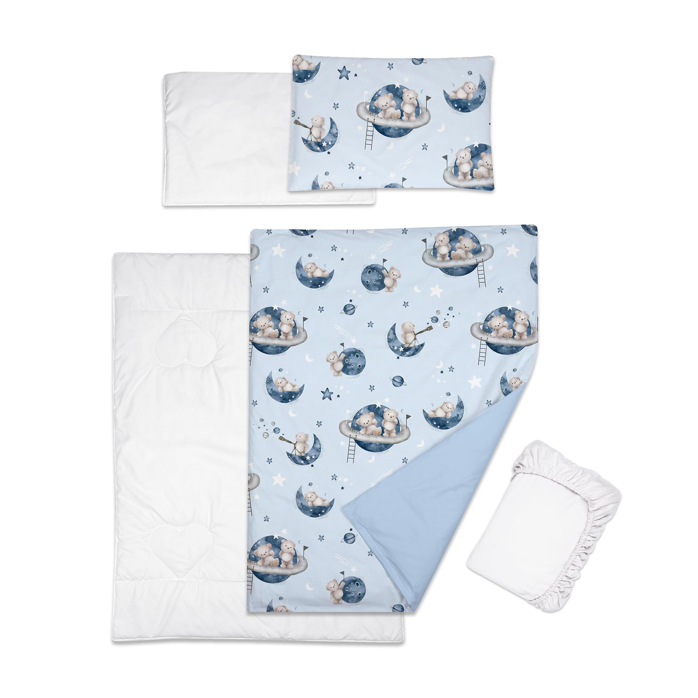 Almohada de edredón de 5 piezas con fundas y sábana de jersey para cuna de 120 x 60 cm (osos en el espacio)