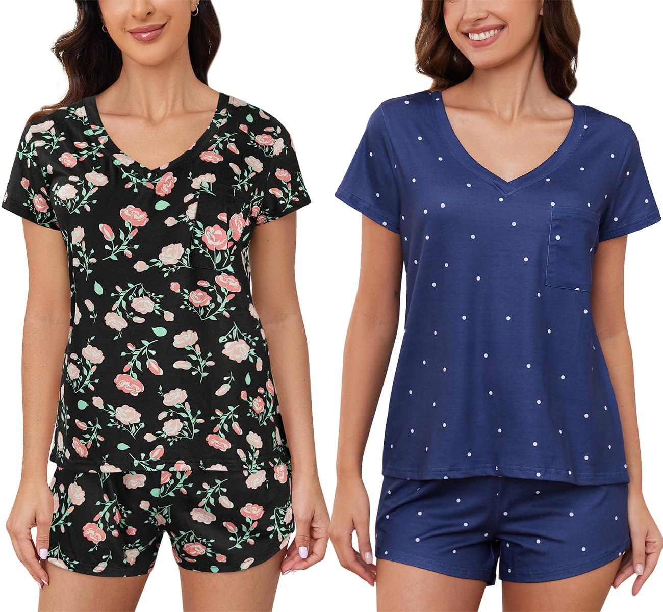 VENTELAN 2 Pack Womens Pajama Sets Short Sleeve Tops with Shorts Comfy Pjs Casual Lounge Sleepwear Sets S-2XL