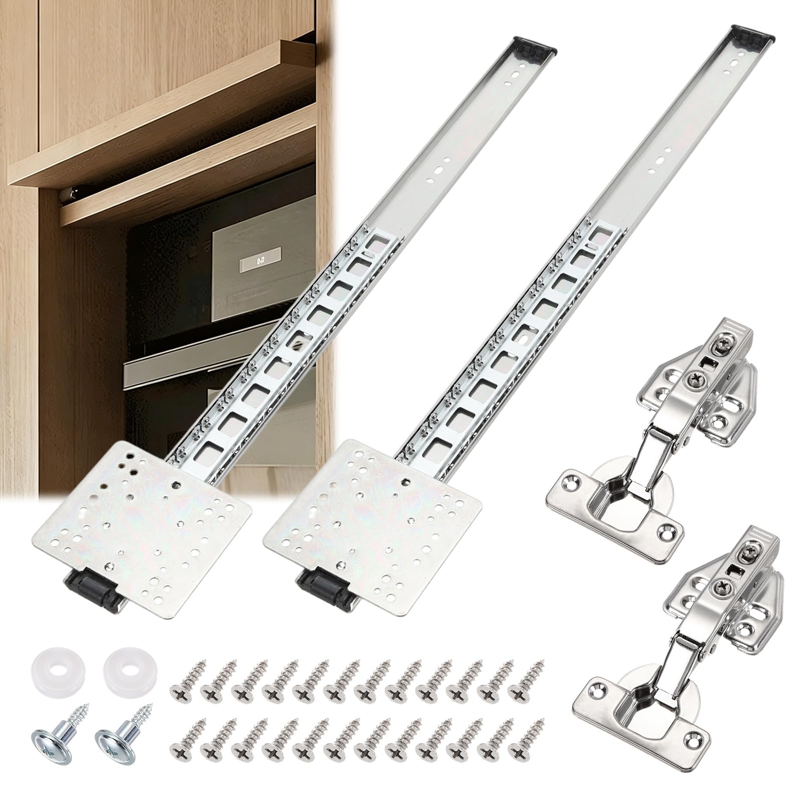 DTGN 22 Inch Pocket Door Slide Pocket Door Hardware Kit- 1 Set - for 18-20mm Think Inset Cabinet Wardrobe - Soft Close Silent Retractable System W/Hinges & Screws 14kg/30.9lb - Silver