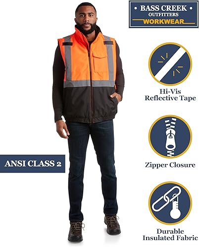 Miniatura 8 de Bass Creek Outfitters Chaleco de seguridad de alta visibilidad para hombre  Chaleco de trabajo reflectante acolchado aislado  Normas ANSIISEA Clase 2