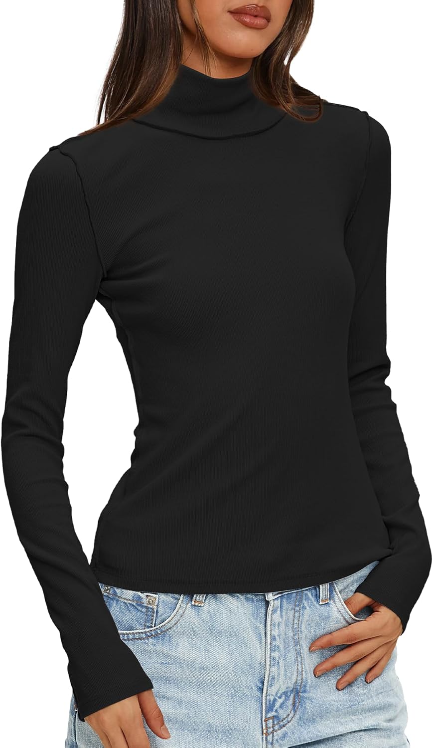 Darong Womens Striped Turtleneck Shirt Long Sleeve Undershirts Ribbed Slim Fit Top Fitted Basic Tees - Image 3