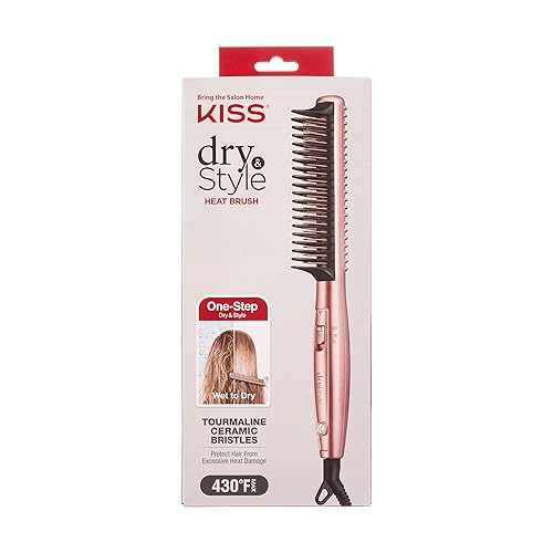 KISS Cepillo de calor seco y de estilo, peine de calor desenredante y voluminizador húmedo a seco, cerdas de cerámica de turmalina, 2 ajustes de