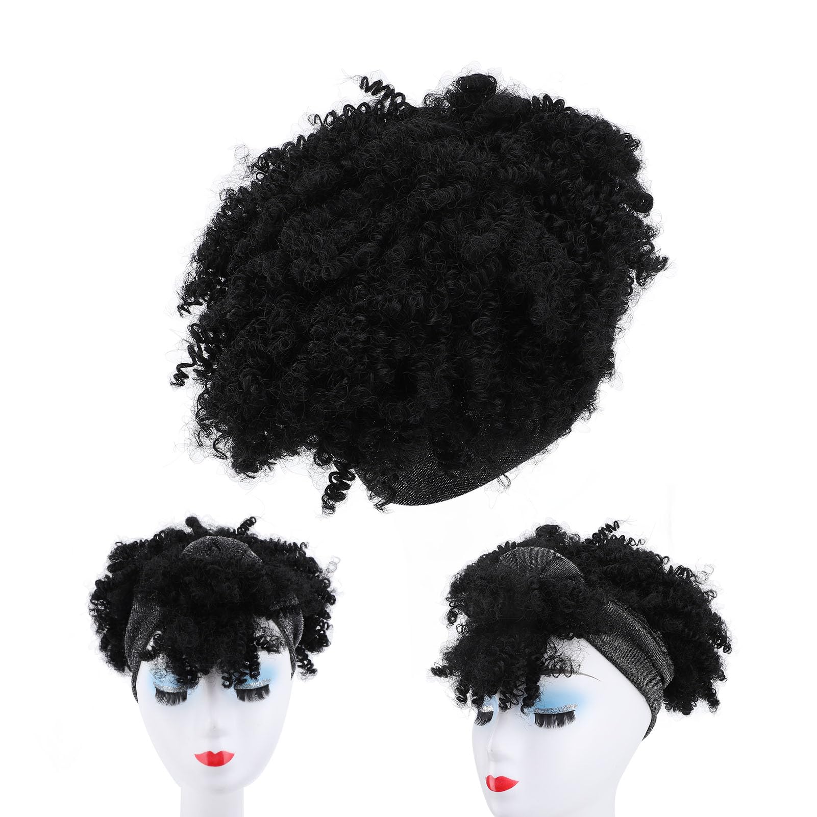 Curly Gray Headband Wigs for Black Women with Bangs Short Headband Wrap Wigs 2 in 1 - Image 3