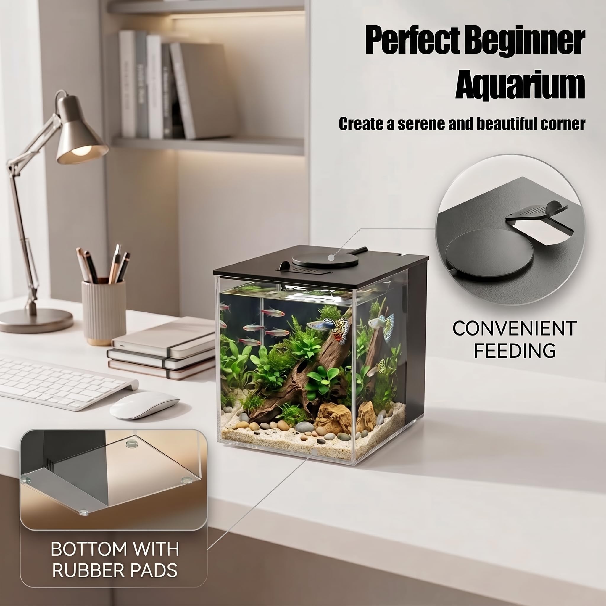3,7L Acuarios pez Betta, Pequeña Acuario de Acrílico con Luz LED y Bomba de Filtro de Agua, Ideal para bettas y Peces Dorados, Bonita decoración del hogar