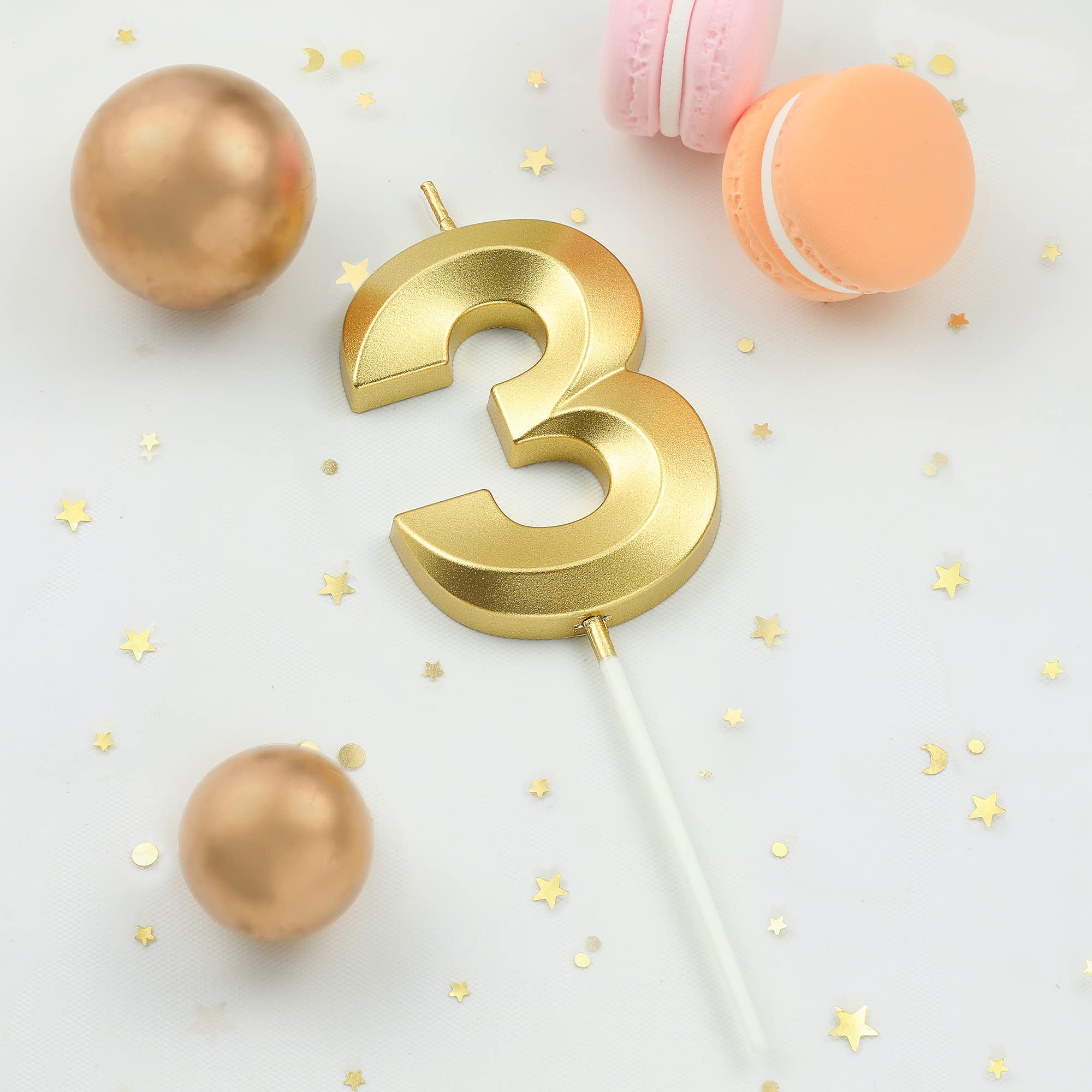 Velas de cumpleaños con 3 números dorados de diamante de 2.76 pulgadas, velas de números dorados, velas de números de pastel, celebración de fiesta