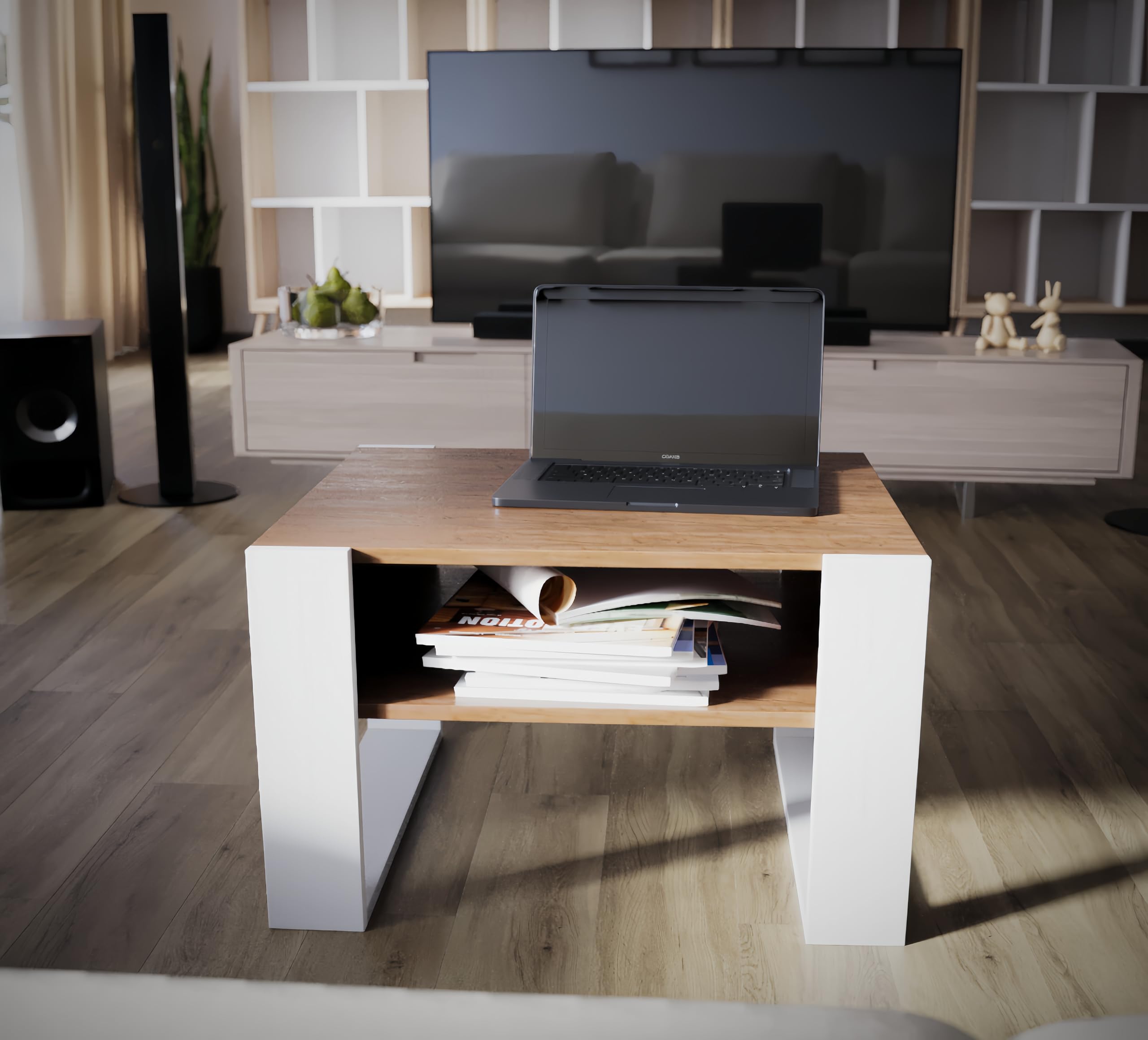 defiPad Mesa de centro moderna, roble, 65 cm de ancho, mesa de café maciza y estable, mesa de sofá, color blanco + roble