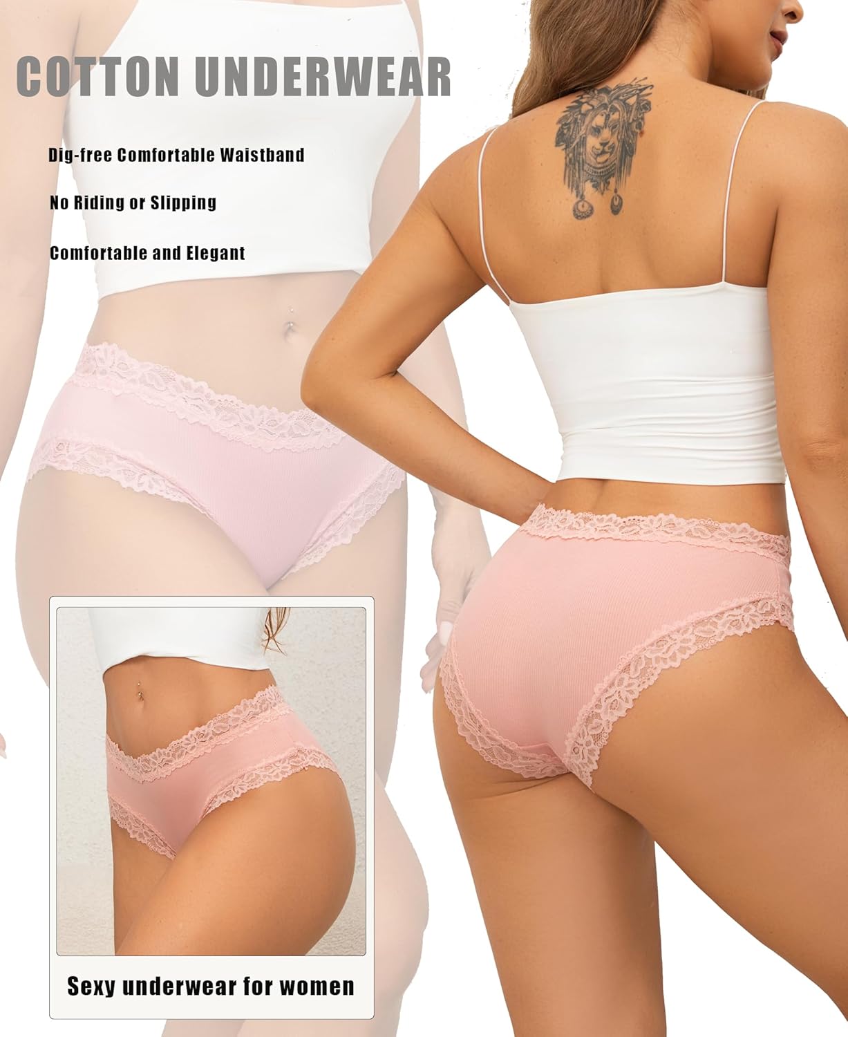 FINETOO Womens Underwear Cotton Bikini Underwear for Women Lace Wasit Hipster Panties Soft Breathable Briefs 6 Pack - Image 3