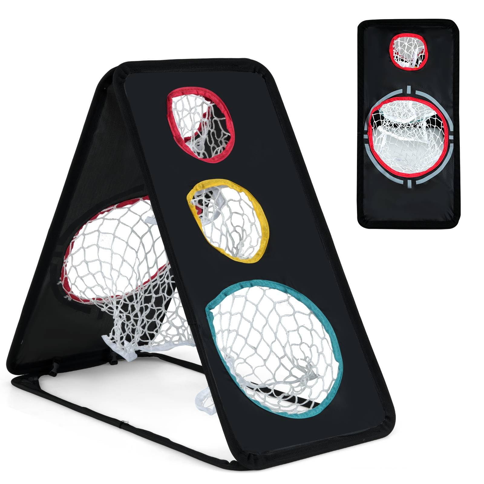 GYMAX Dual-Sided Golf Chipping Net, Portable Triple Target Golf Practice Net with 5 Target Holes, Portable Golfing Target Training Accessories for Indoor Outdoor