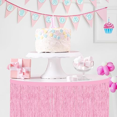 Miniatura 5 de Morcheiong Paquete de 2 faldas de mesa de oropel de papel de aluminio rosa de 29.5 x 108 pulgadas, para mesas rectangulares, cortina de fondo de