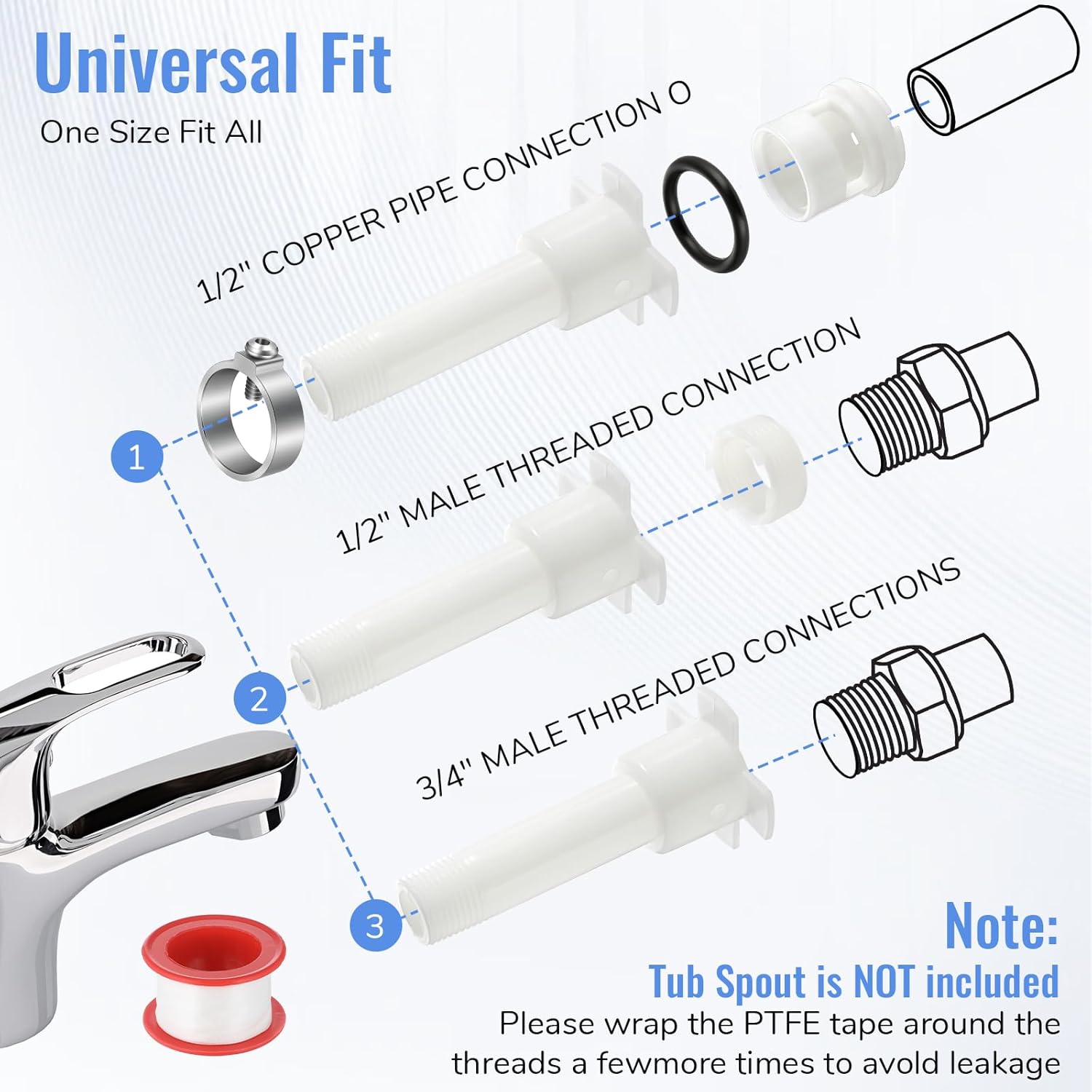 Tub Spout Adapter Kit Four in One Bathtub Faucet Adapter Slip Fit for 1/2'' Copper Pipe 1/2'' IPS and 3/4'' IPS, Includes Tub Spout Diverter Repair Kit with Assembly Tool