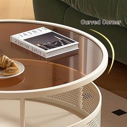 Miniatura 5 de Mesa de centro de cristal con ruedas giratorias, mesa de té redonda de 2 niveles con cesta de almacenamiento hueca de hierro, moderna mesa central