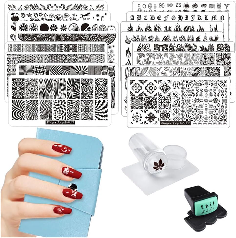 21Pcs Nail Stamp Plate Set 16Pcs Mix Design Stamping nail Art Plate With 2Nail Stamper 2Scraper 1Pcs Case Nails Art Stamping Plate Scraper Stamper Set Leaves Flowers Nail plate V17-32