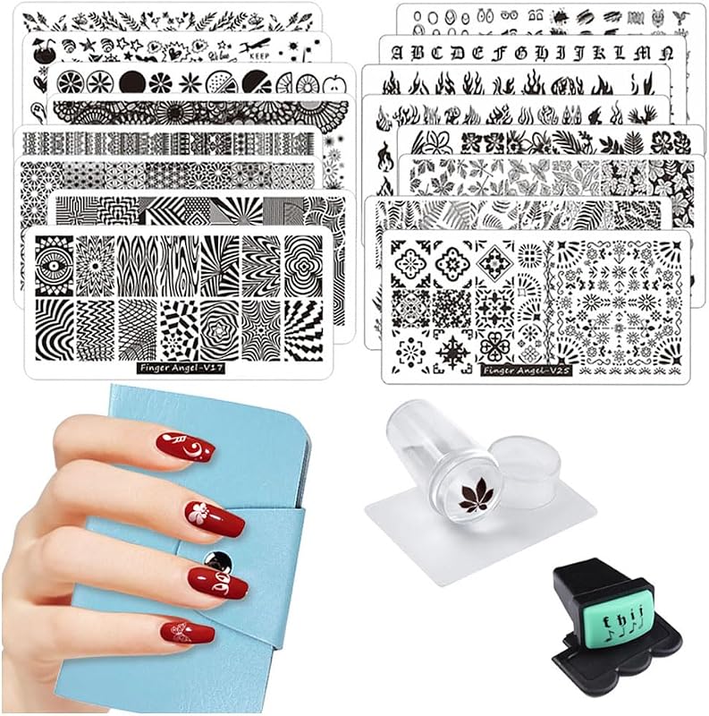 21Pcs Nail Stamp Plate Set 16Pcs Mix Design Stamping nail Art Plate With 2Nail Stamper 2Scraper 1Pcs Case Nails Art Stamping Plate Scraper Stamper Set Leaves Flowers Nail plate V17-32