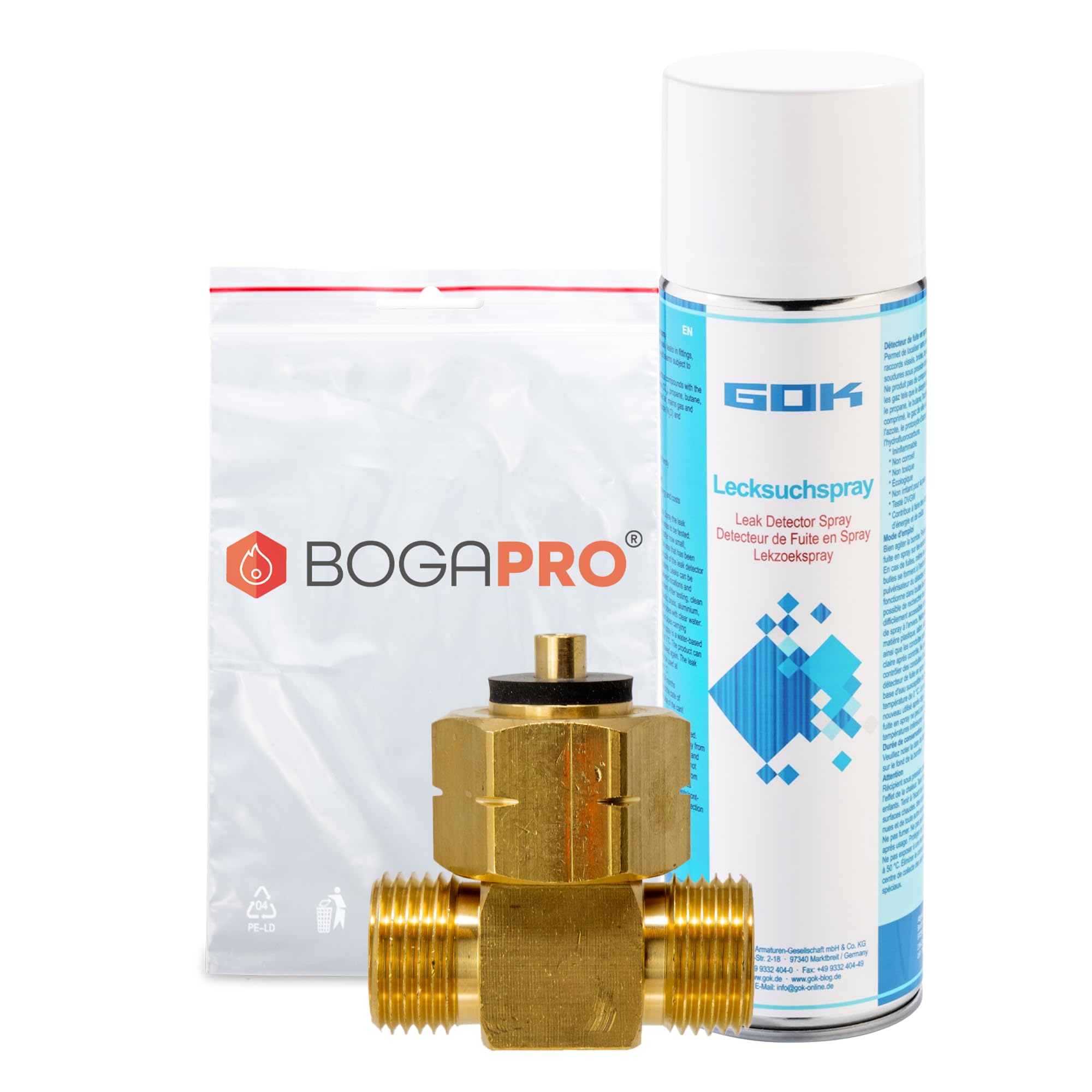 T-Stück für Gasflaschen mit Lecksuchspray 400ml, Anschlussstück für Mehrflaschenanlage und Spray zur Lecksuche bei Dichtheits- und Gasdruckprüfungen, inkl. Polybeutel
