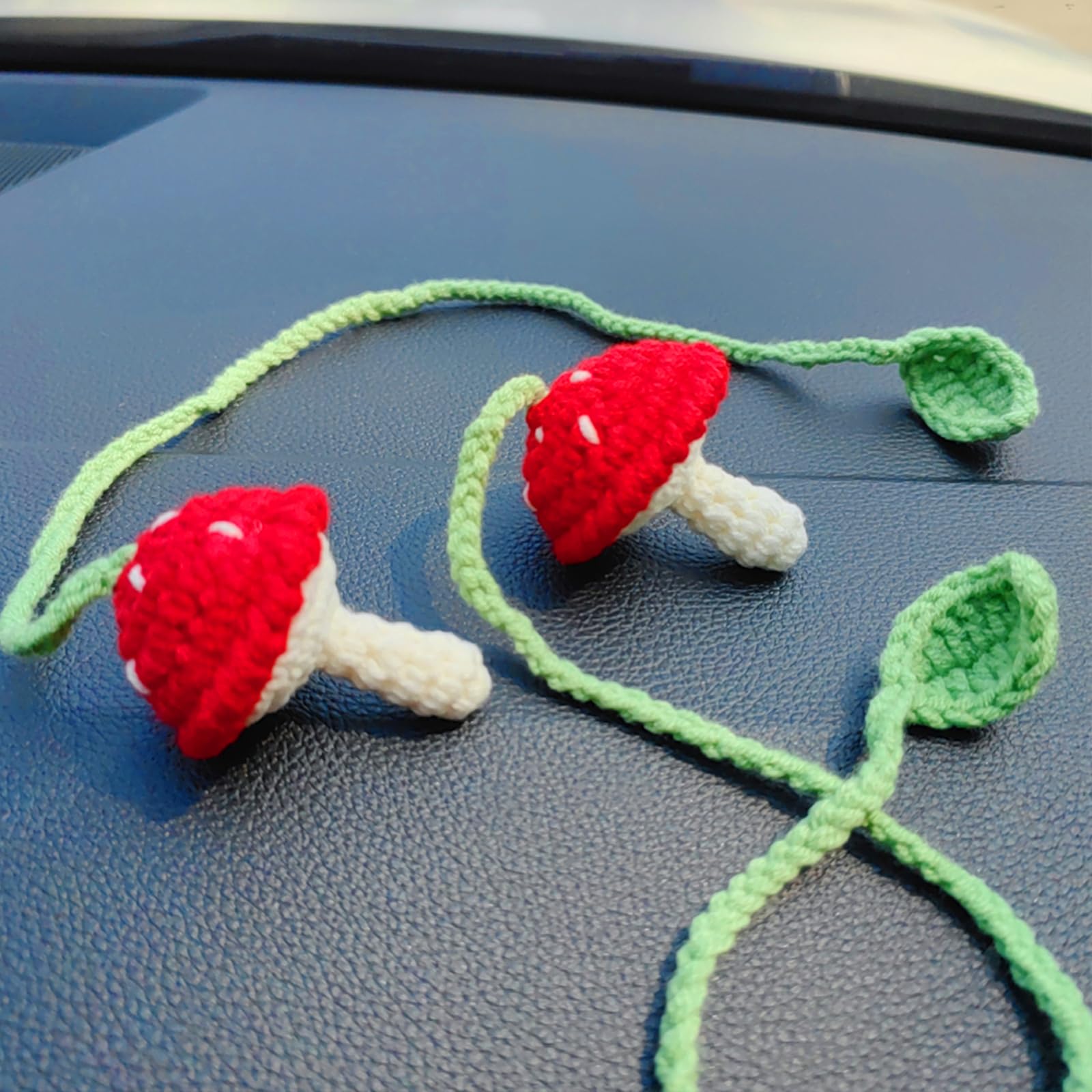 Simulated Plants Crochet Rear View Mirror Accessories Swinging Mushroom Car Hanging Ornament Car Mirror Hanging Accessories Cute Car — view 4