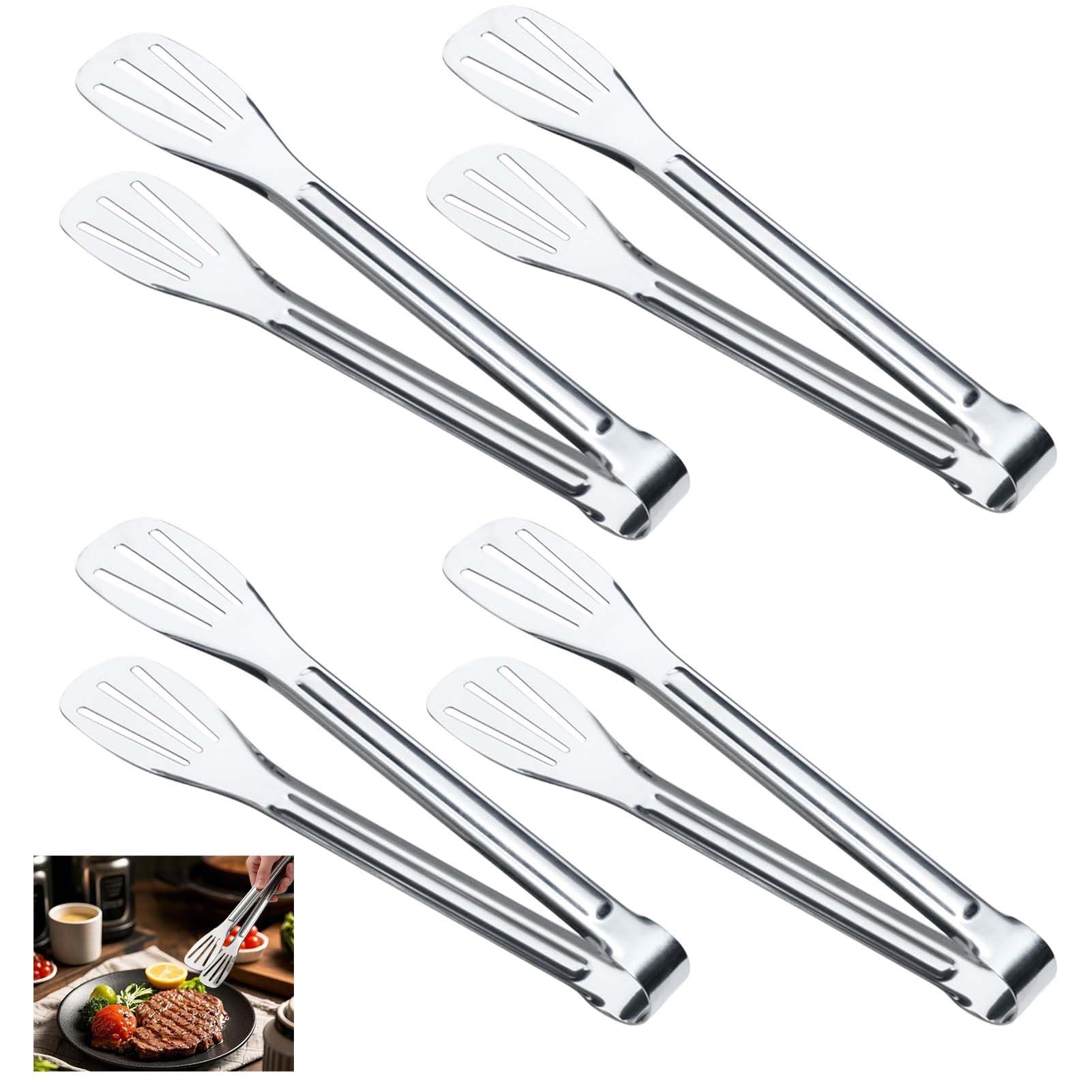 4 Pack 7-Inch Stainless Steel Serving Tongs - Premium Kitchen Tongs for BBQ, Salad, Cake & Buffet, Silver Mini Cooking Tongs for Party, Wedding & Candy Bar