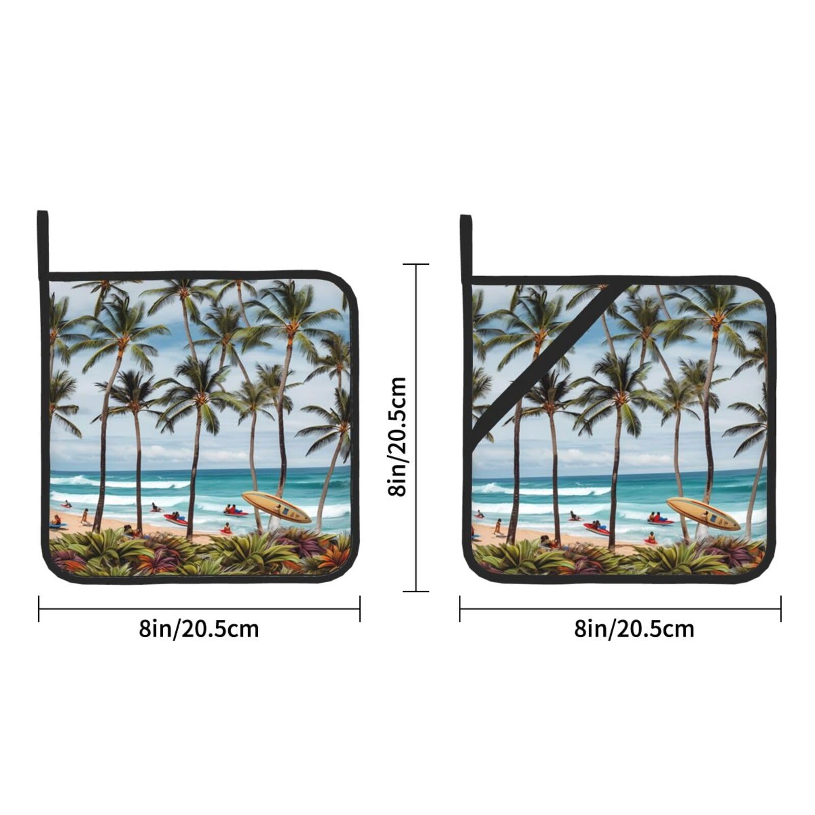 Heat Resistant Pot Holder Set of 2 Kitchen Pot Holder for Microwave Cooking Hawaiian Surfer on Wavy Pot Holders Oven Hot Pads Washable Potholders for Baking Square Trivet for BBQ with Hanging Loops
