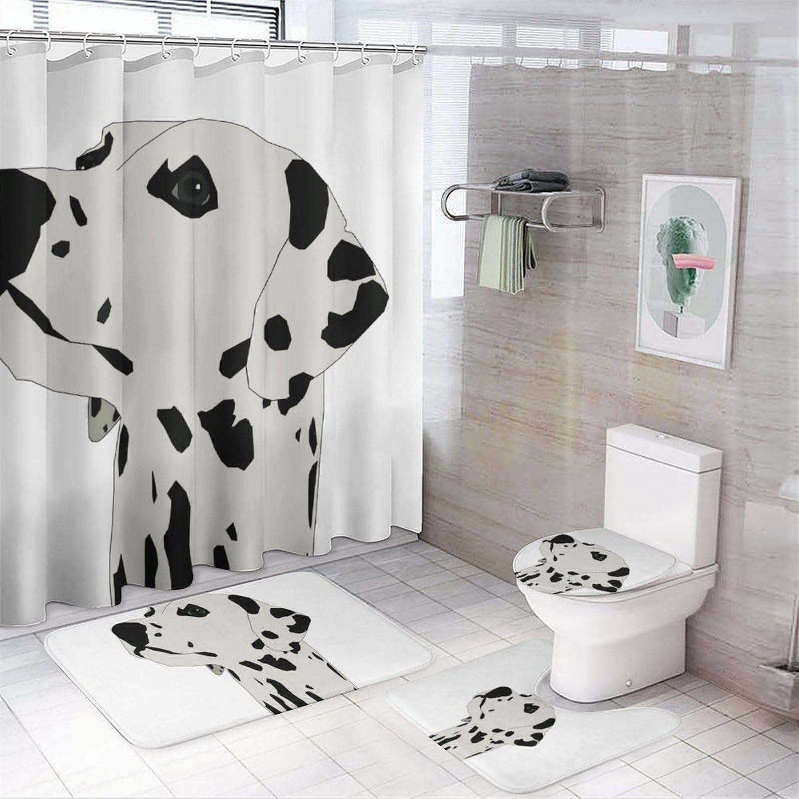 JZemdybill Bathroom Mat Set 4 Piece, Cartoon Dalmatian Shower Curtain with Non-Slip Bath Mats for Bathroom